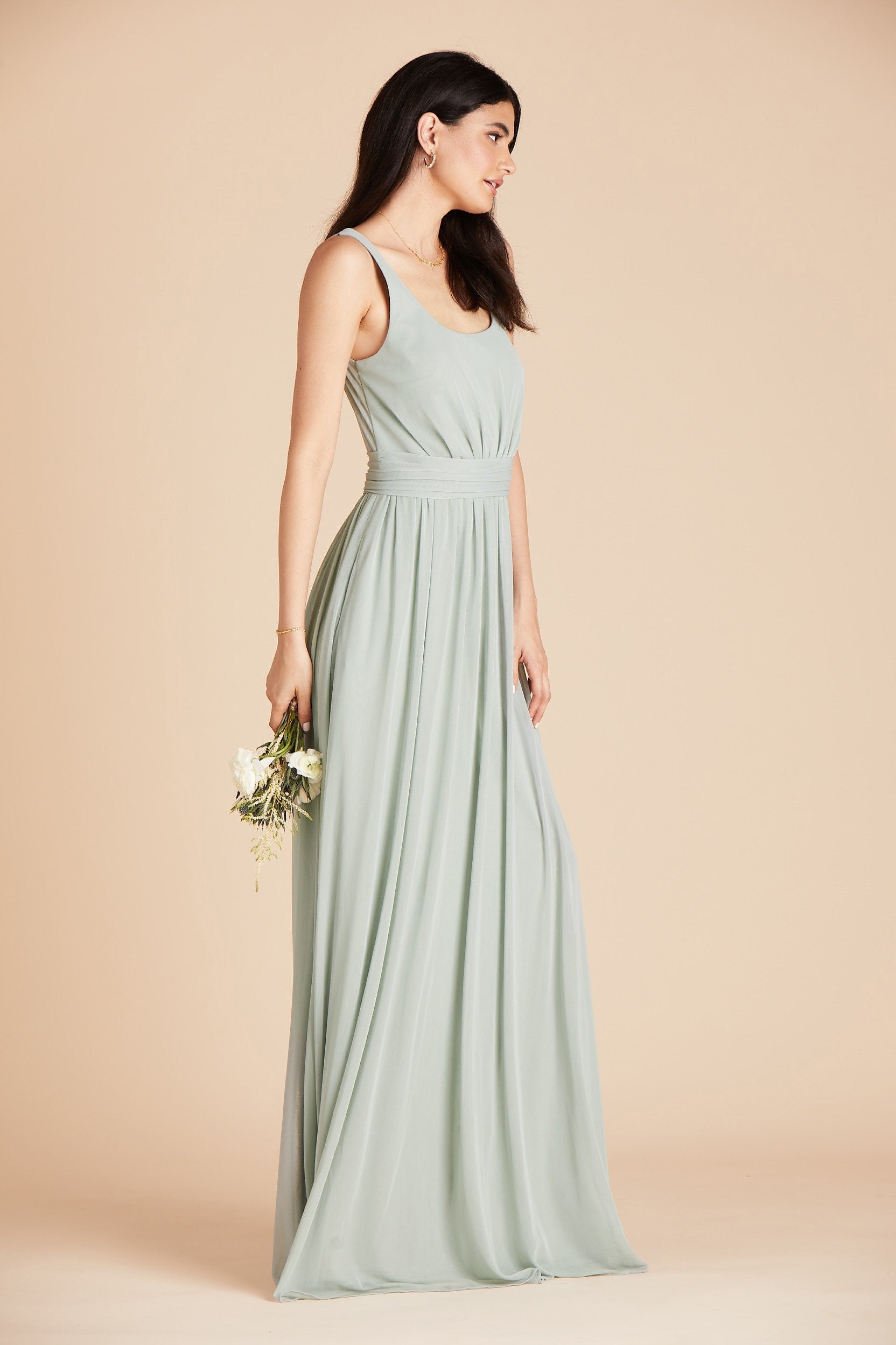 Jan bridesmaid dress in sage green mesh by Birdy Grey, side view