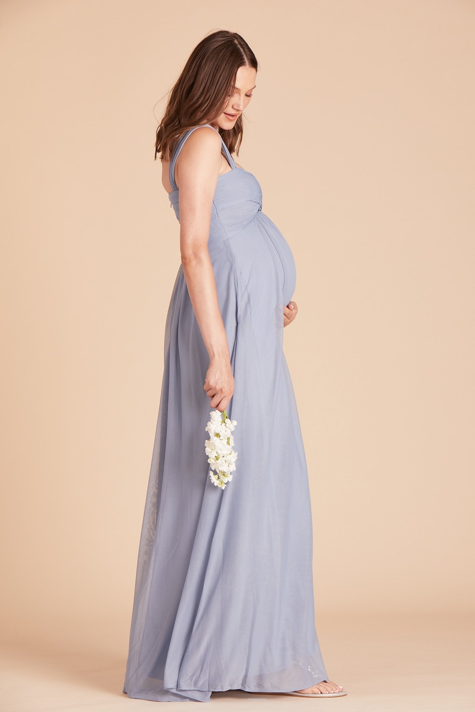 Maria convertible bridesmaids dress in dusty blue chiffon by Birdy Grey, side view