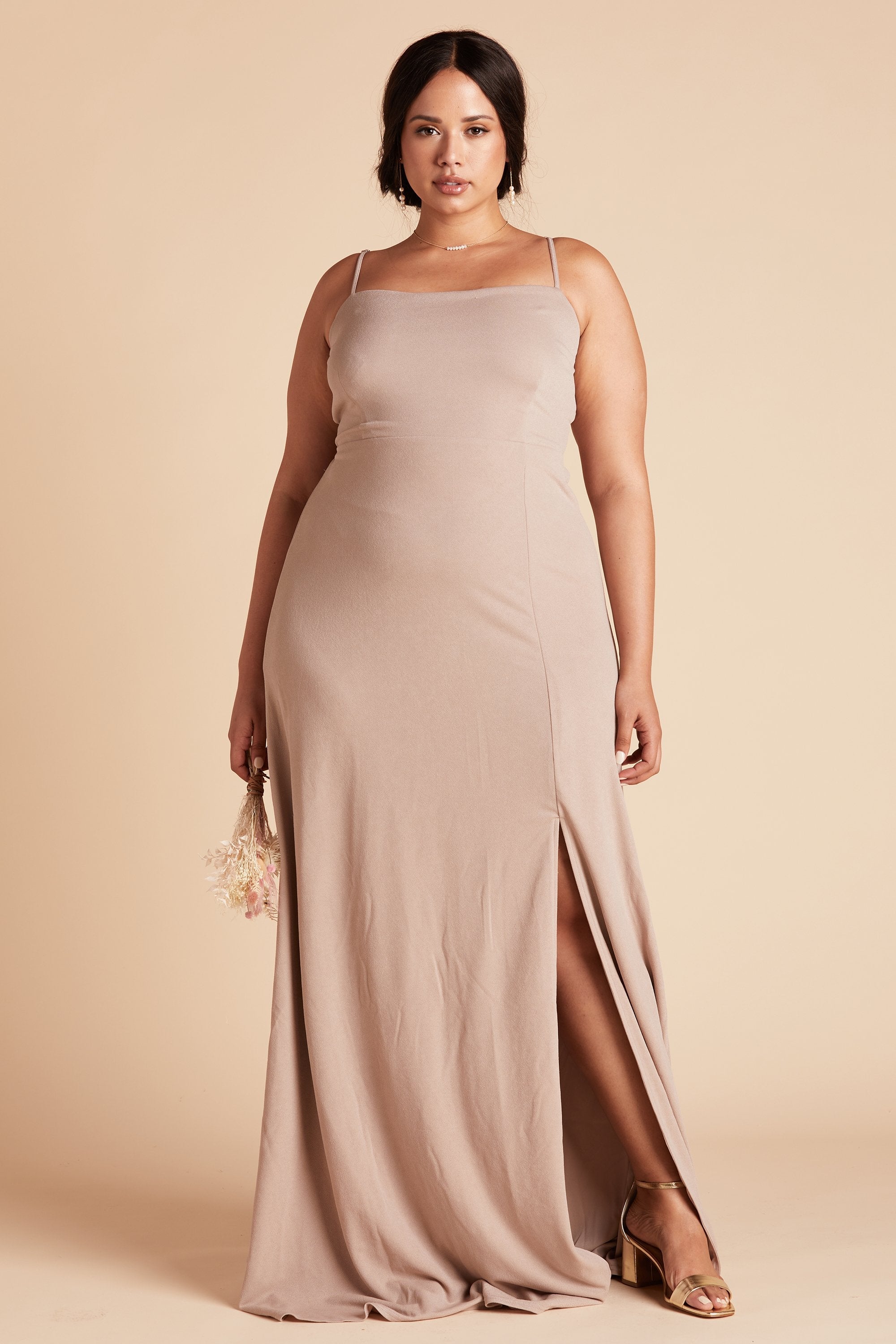 Benny plus size bridesmaid dress with slit in taupe crepe by Birdy Grey, front view