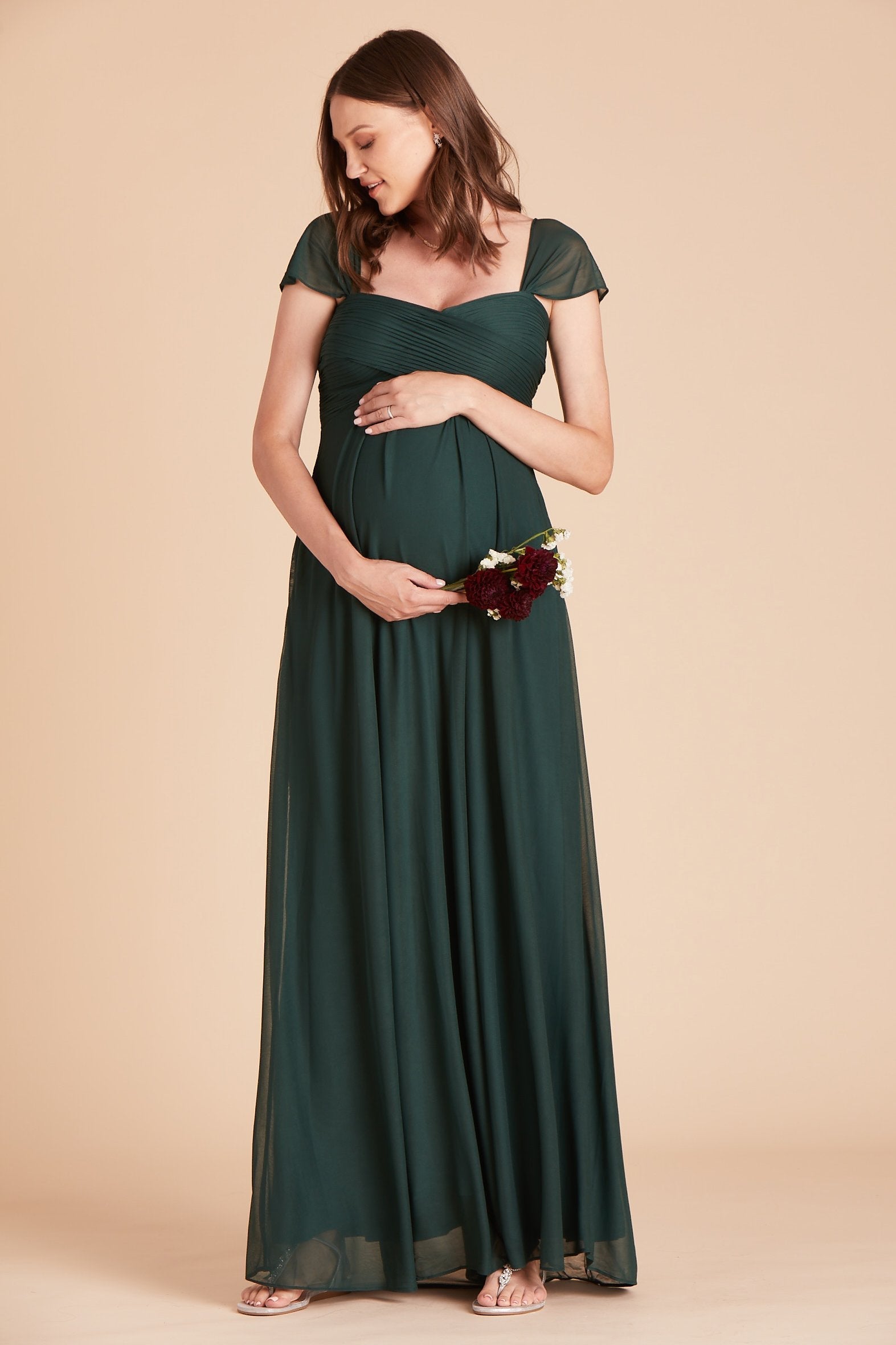 Maria convertible plus size bridesmaids dress in emerald green chiffon by Birdy Grey, front view