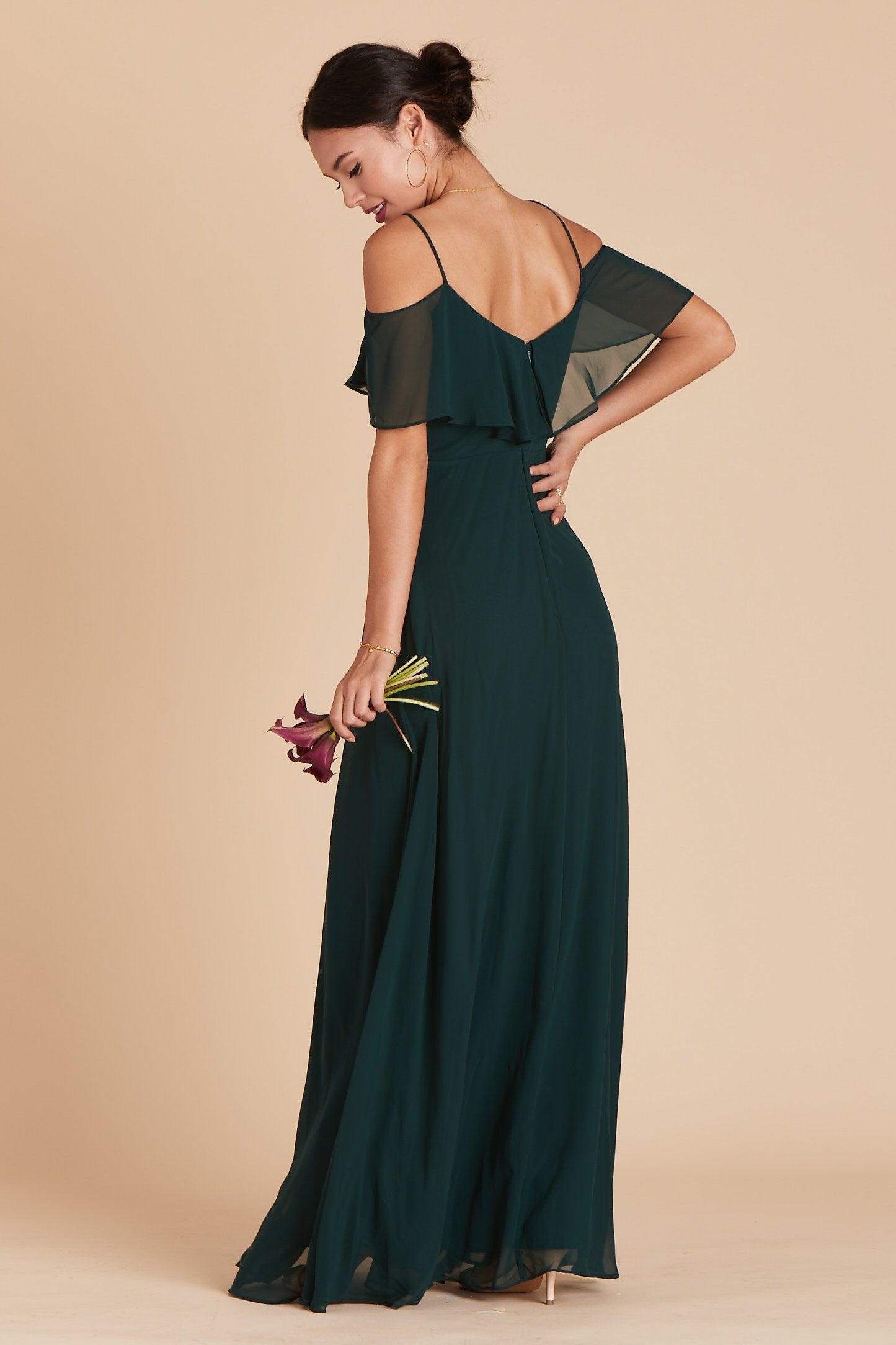 Jane convertible bridesmaid dress with slit in emerald green chiffon by Birdy Grey, side view