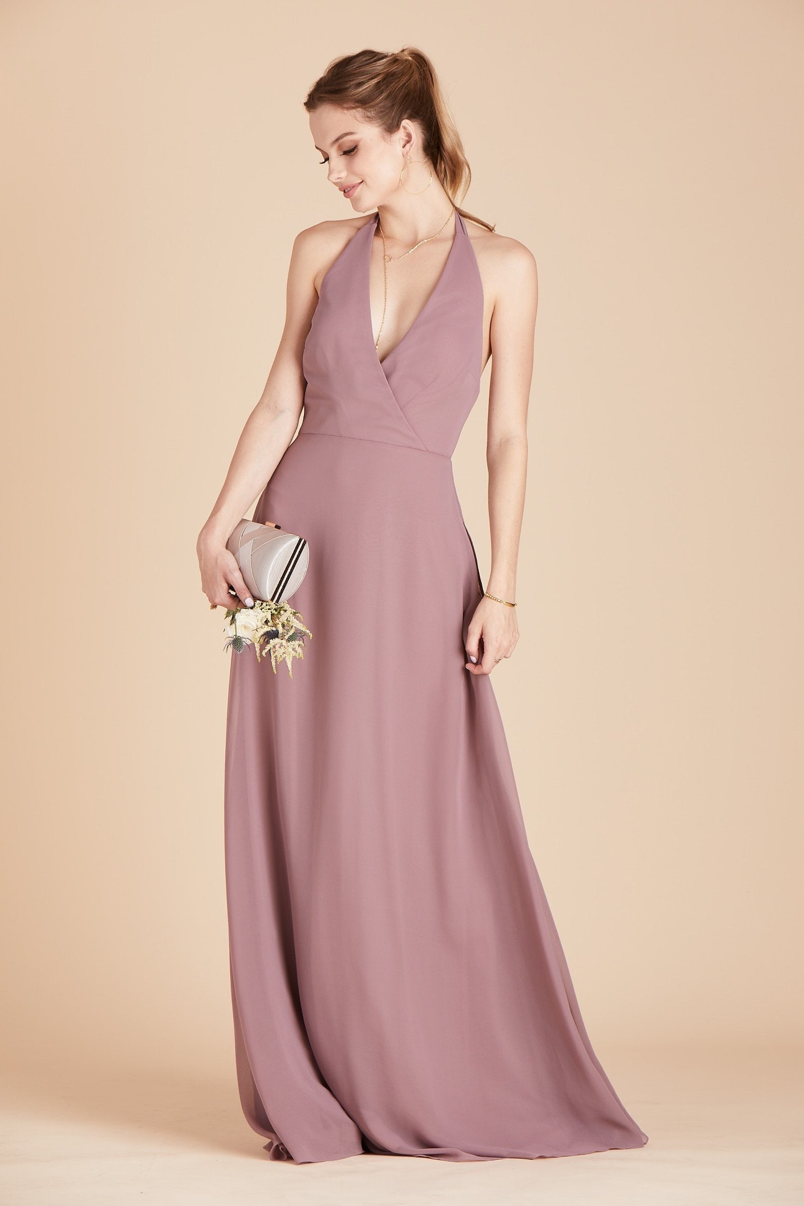 Moni convertible bridesmaids dress in dark mauve purple chiffon by Birdy Grey, front view