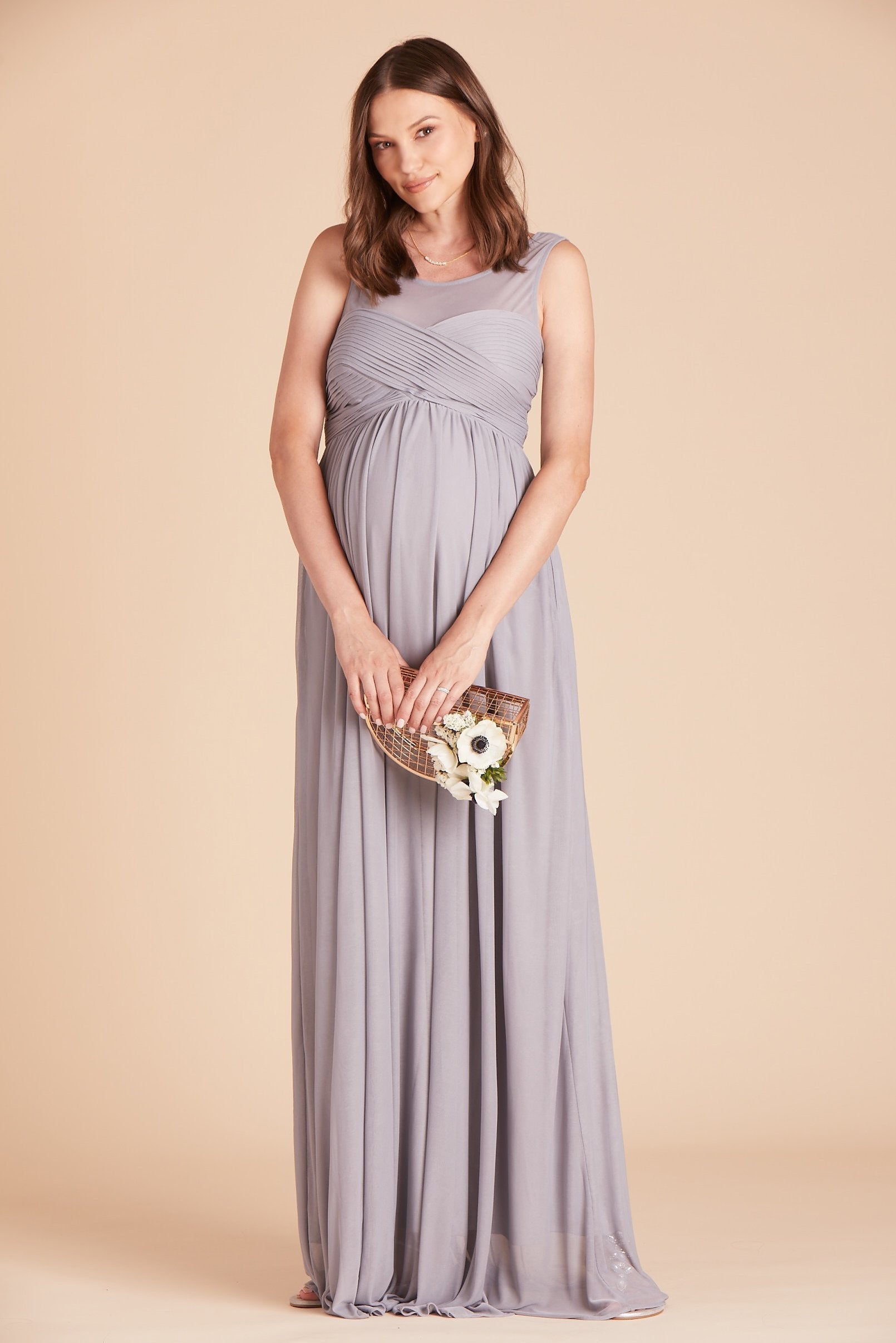 Ryan bridesmaid dress in silver chiffon by Birdy Grey, front view