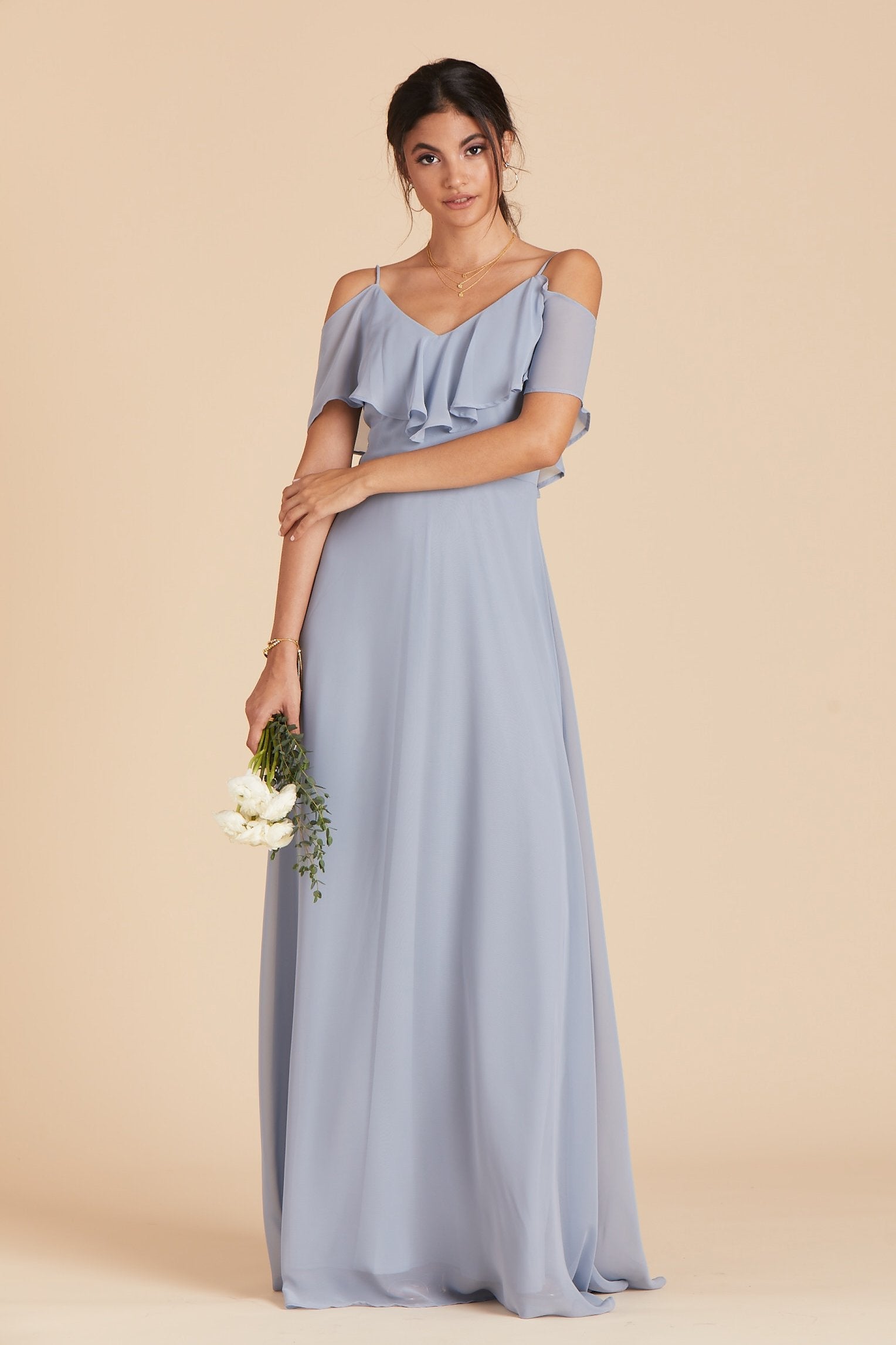 Jane convertible bridesmaid dress in dusty blue chiffon by Birdy Grey, front view