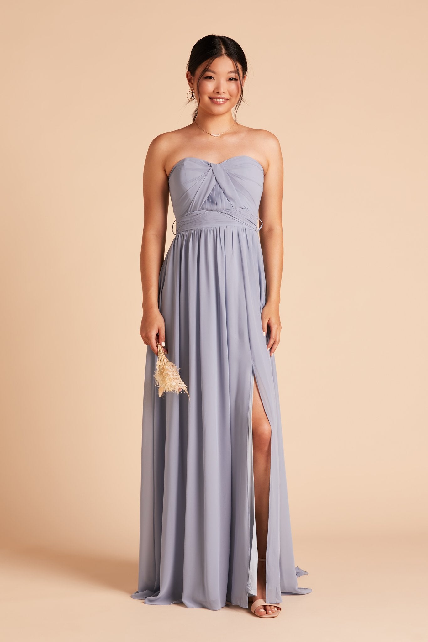 Grace convertible bridesmaid dress with slit in dusty blue chiffon by Birdy Grey, front view