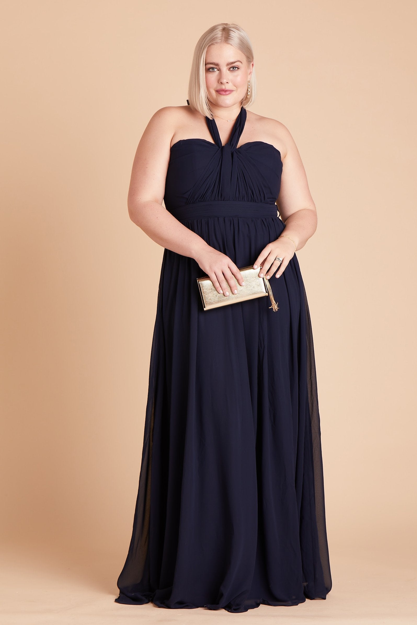 Grace convertible plus size bridesmaid dress in navy blue chiffon by Birdy Grey, front view