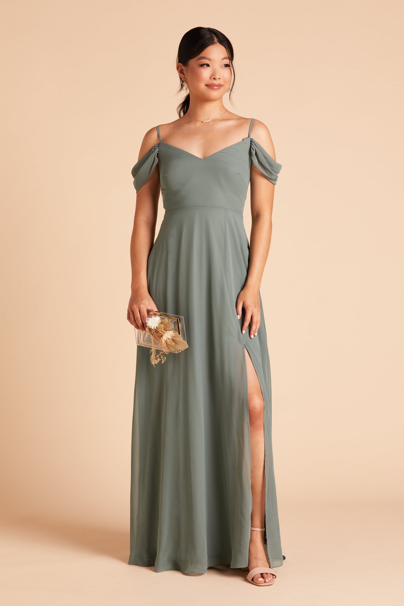 Devin convertible bridesmaids dress with slit in sea glass green chiffon by Birdy Grey, front view