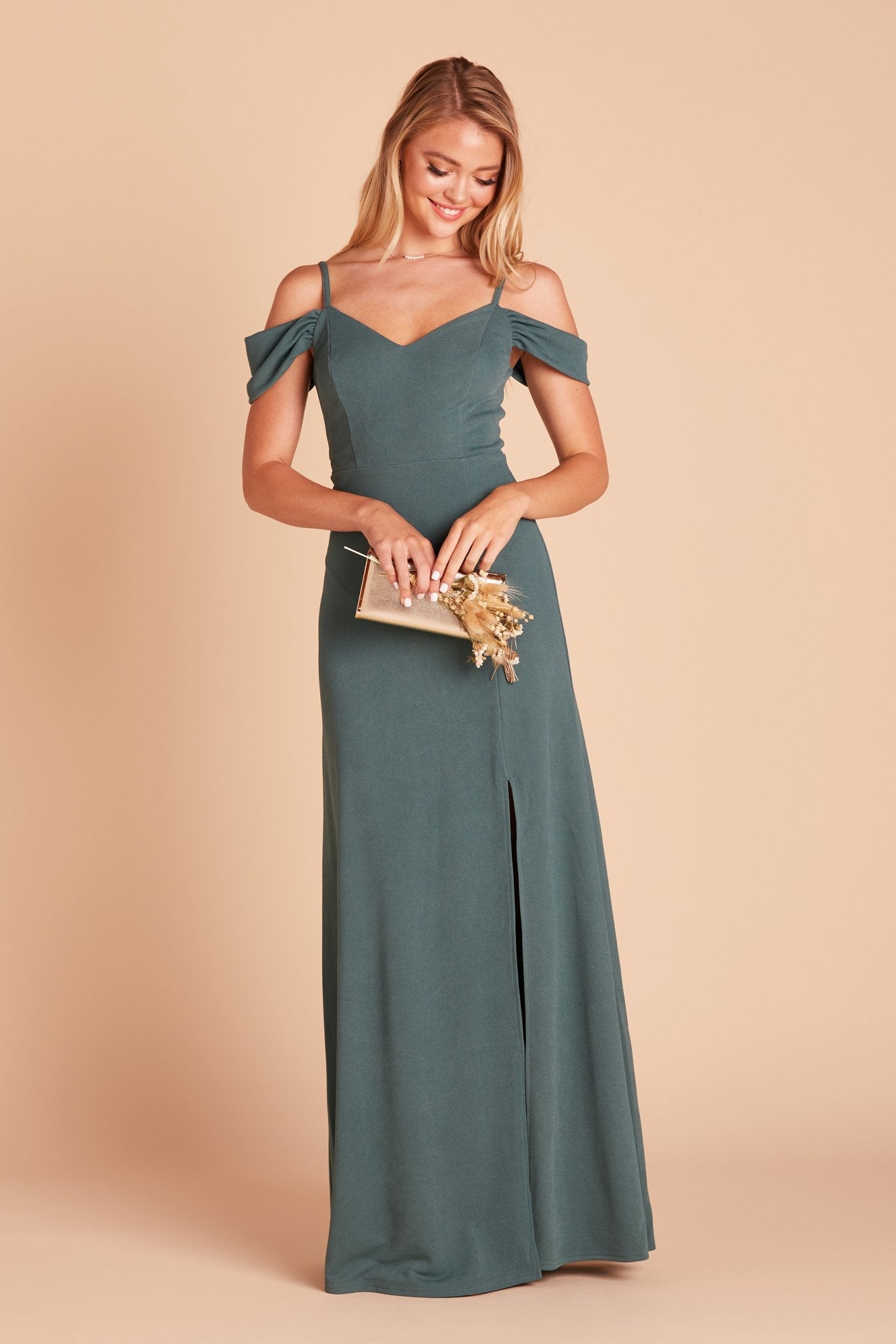 Dev bridesmaid dress with slit in sea glass green crepe by Birdy Grey, front view