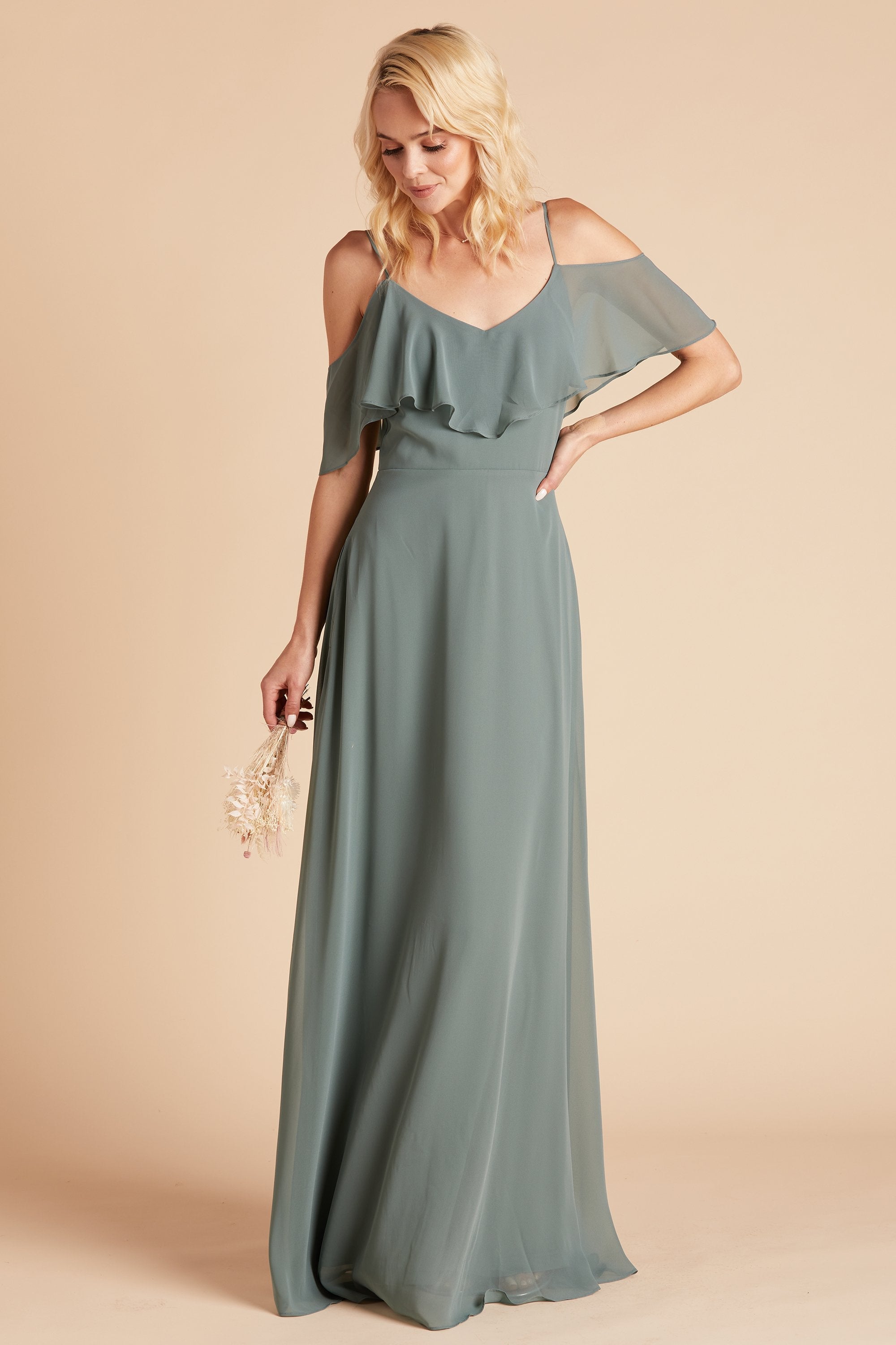 Jane convertible bridesmaid dress in sea glass green chiffon by Birdy Grey, front view