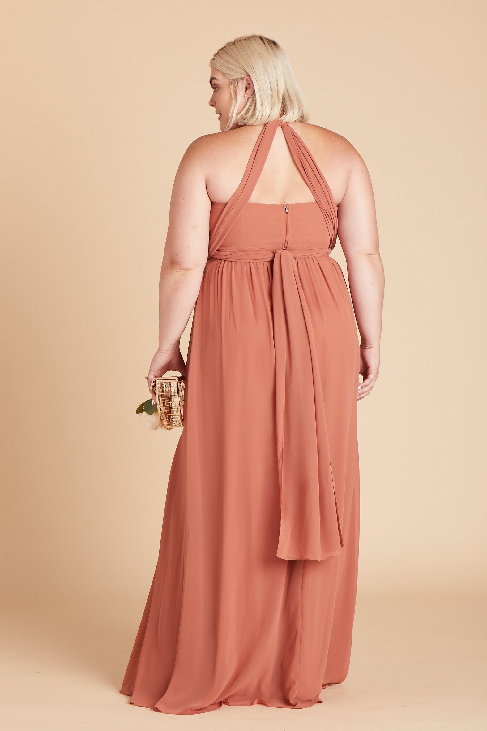 Grace convertible plus size bridesmaid dress in terracotta orange chiffon by Birdy Grey, back view