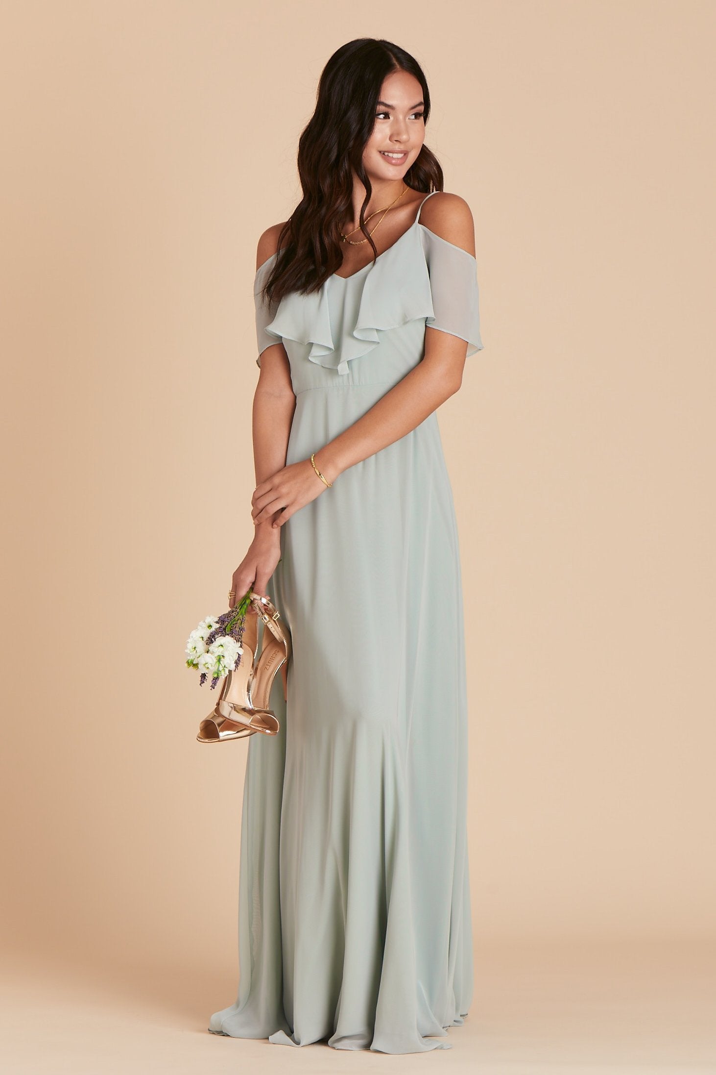 Jane convertible bridesmaid dress in sage green chiffon by Birdy Grey, front view