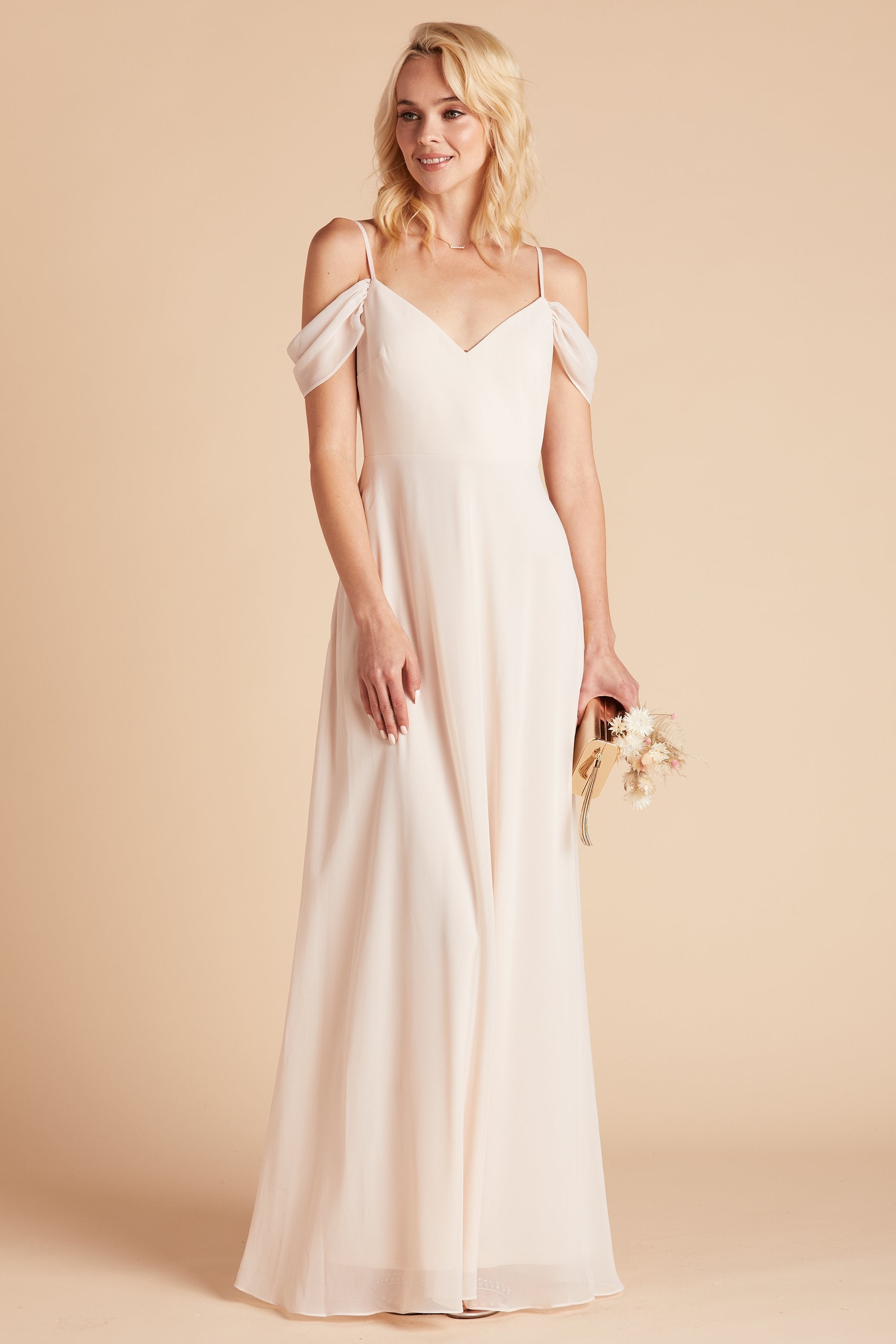 Devin convertible bridesmaids dress in champagne chiffon by Birdy Grey, front view