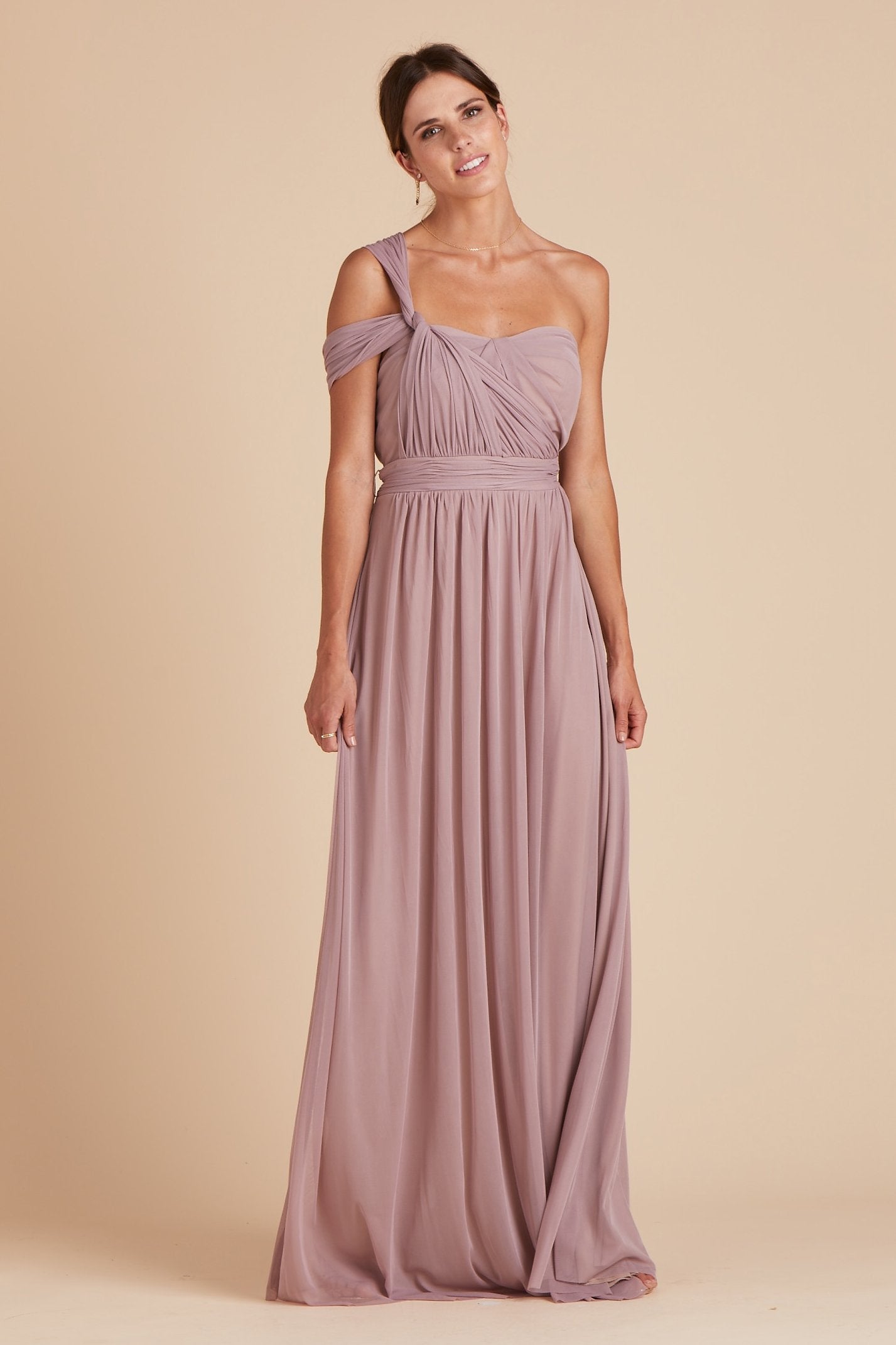 Chicky convertible bridesmaid dress in mauve purple mesh by Birdy Grey, front view