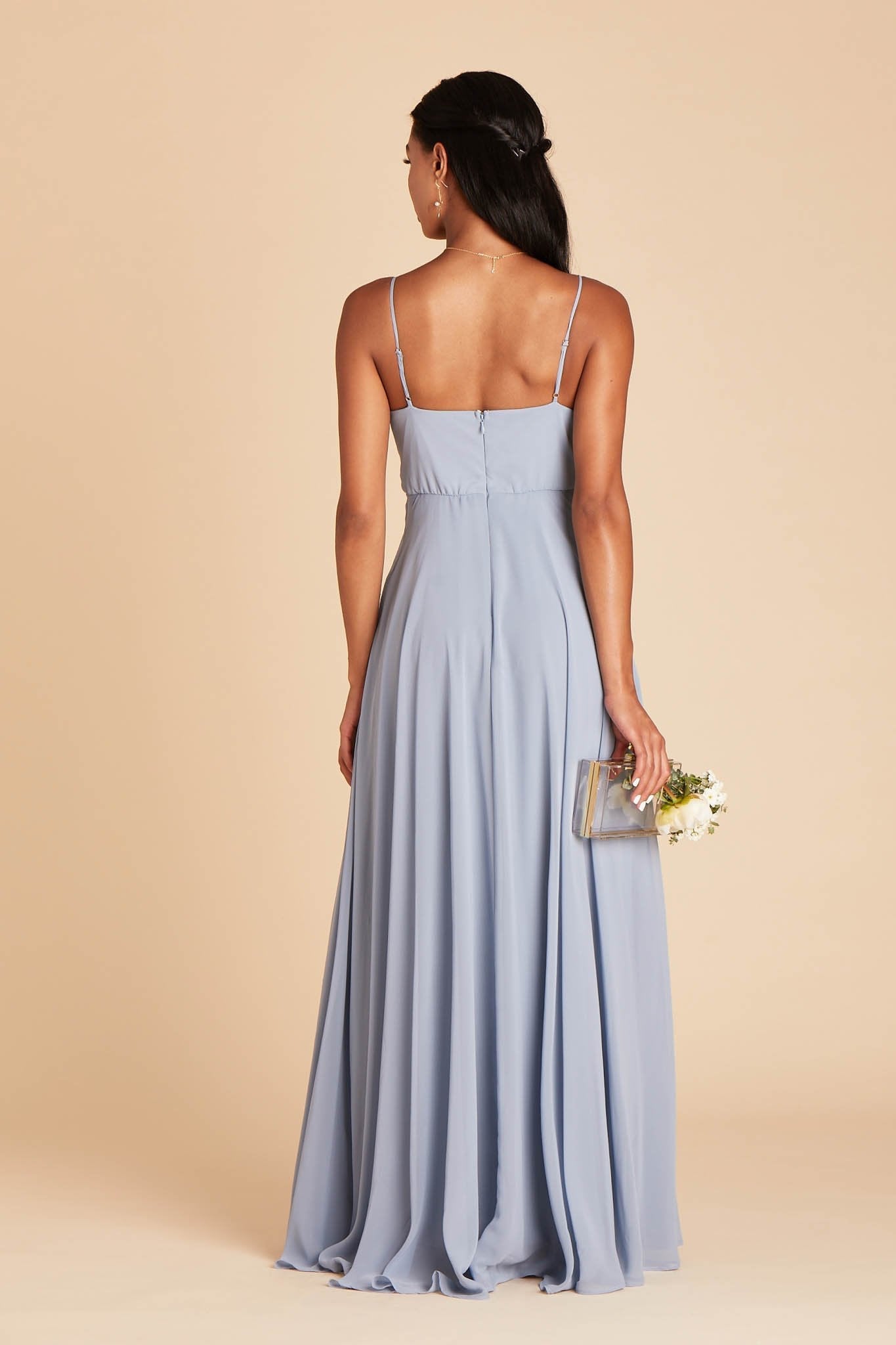 Kaia bridesmaids dress in dusty blue chiffon by Birdy Grey, back view