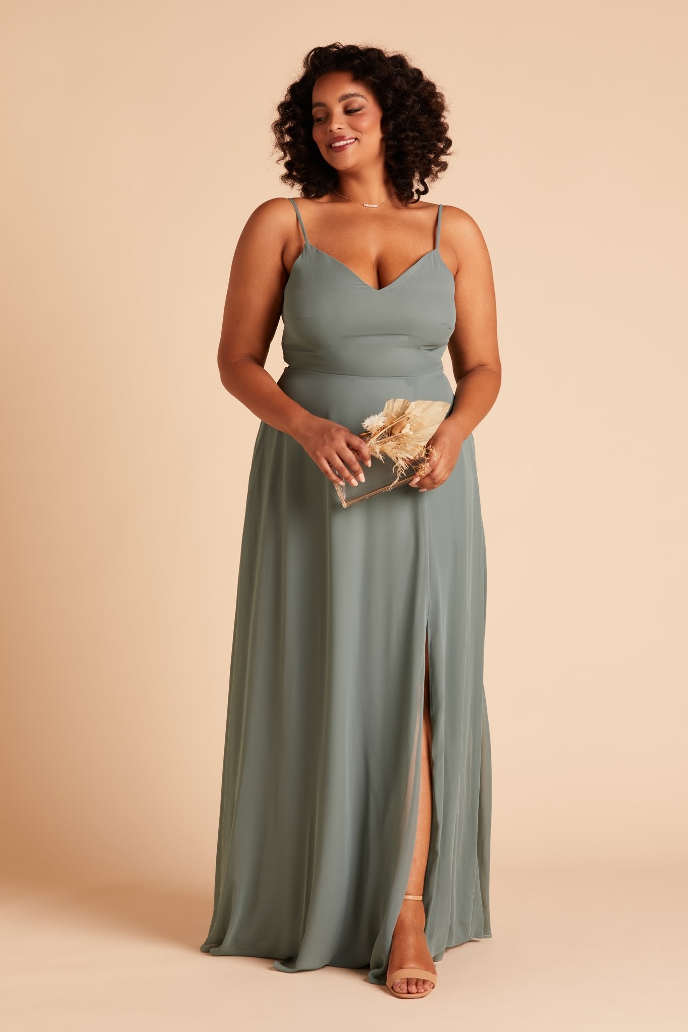 Devin convertible plus size bridesmaids dress with slit in sea glass green chiffon by Birdy Grey, front view