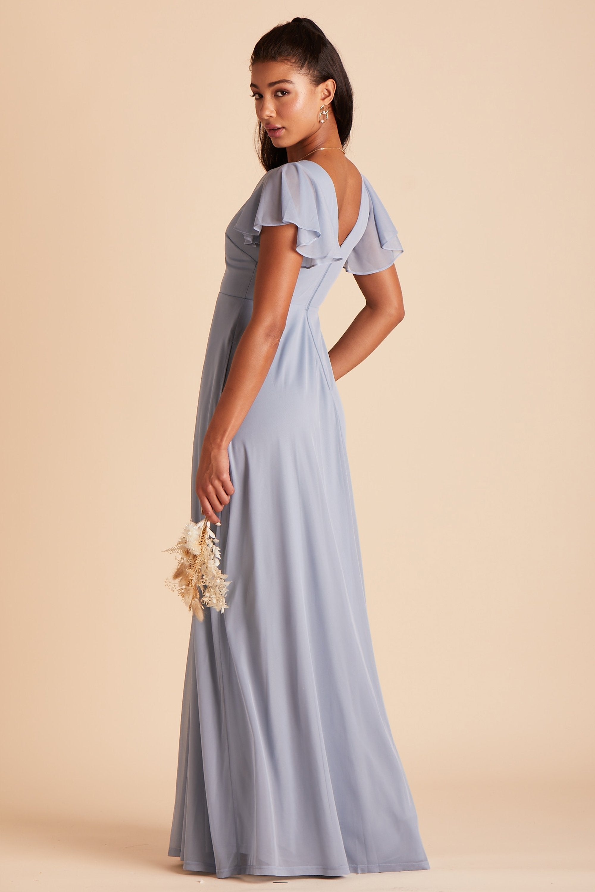 Hannah bridesmaids dress in dusty blue mesh by Birdy Grey, side view