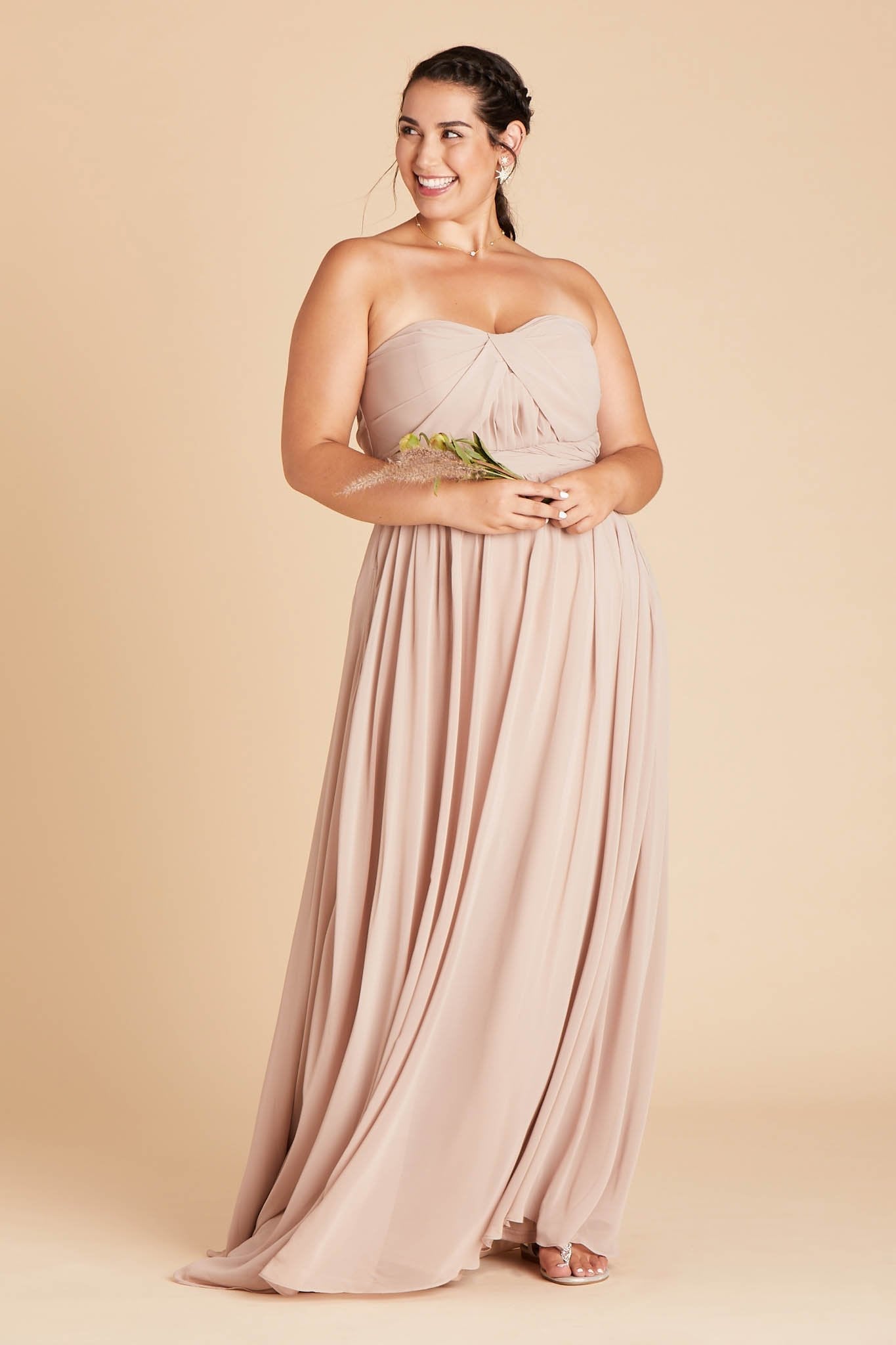 Grace convertible plus size bridesmaid dress in taupe chiffon by Birdy Grey, front view