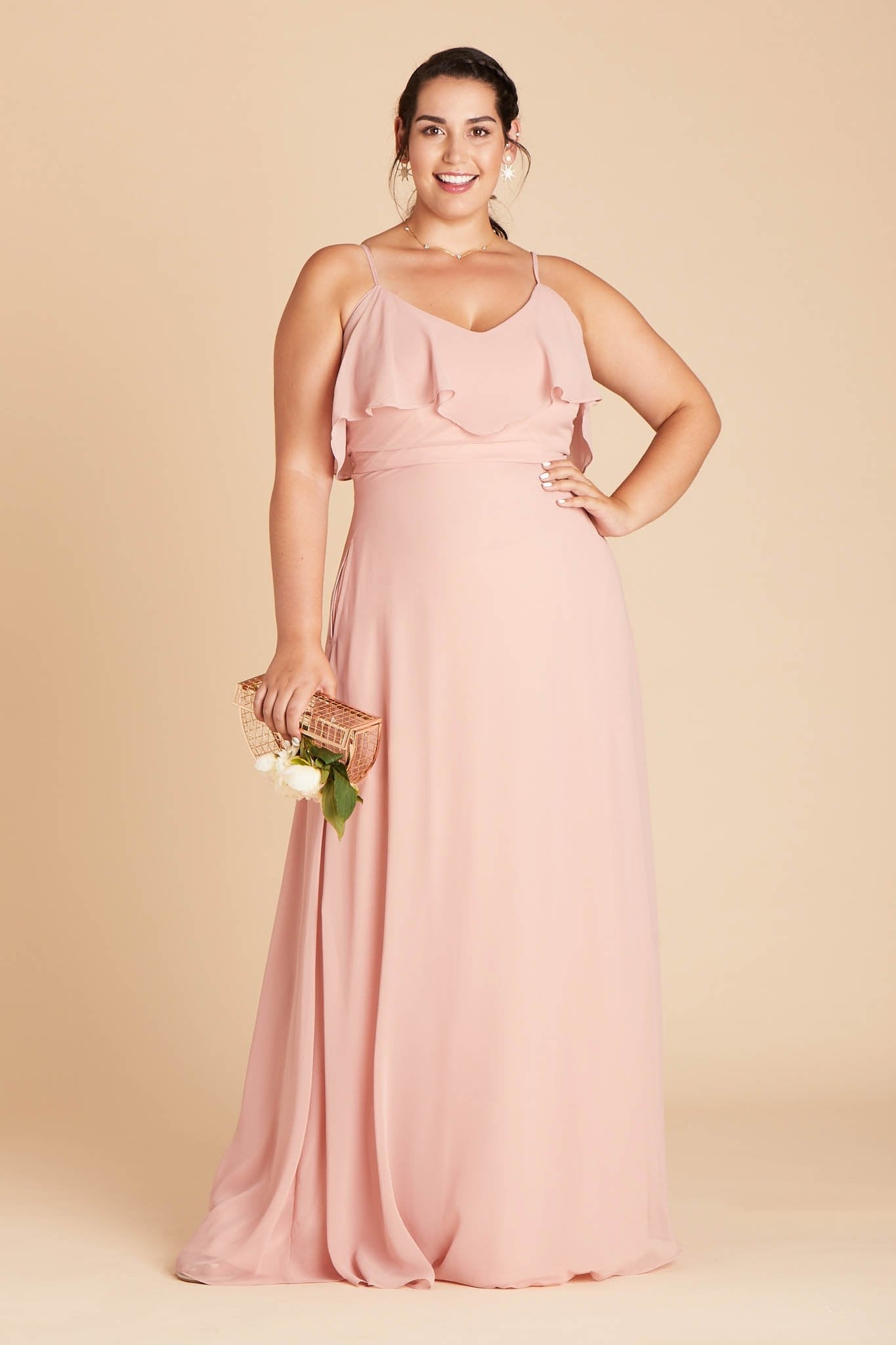 Jane convertible plus size bridesmaid dress in dusty rose chiffon by Birdy Grey, front view