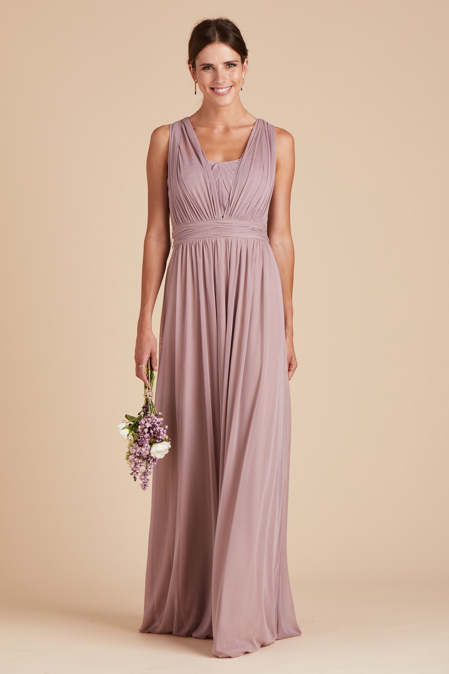 Chicky convertible bridesmaid dress in mauve purple mesh by Birdy Grey, front view