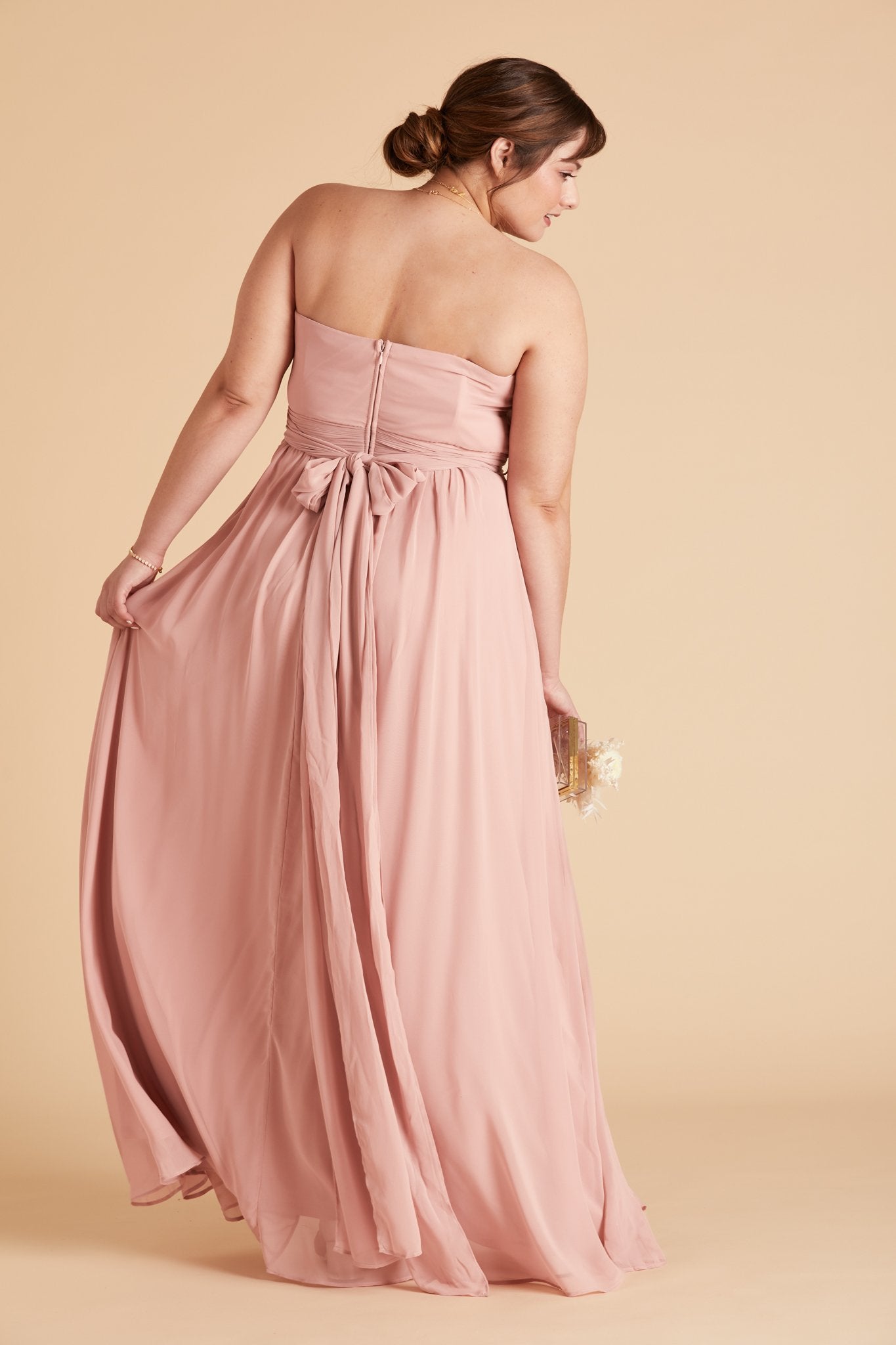 Grace convertible plus size bridesmaid dress in rose quartz pink chiffon by Birdy Grey, back view