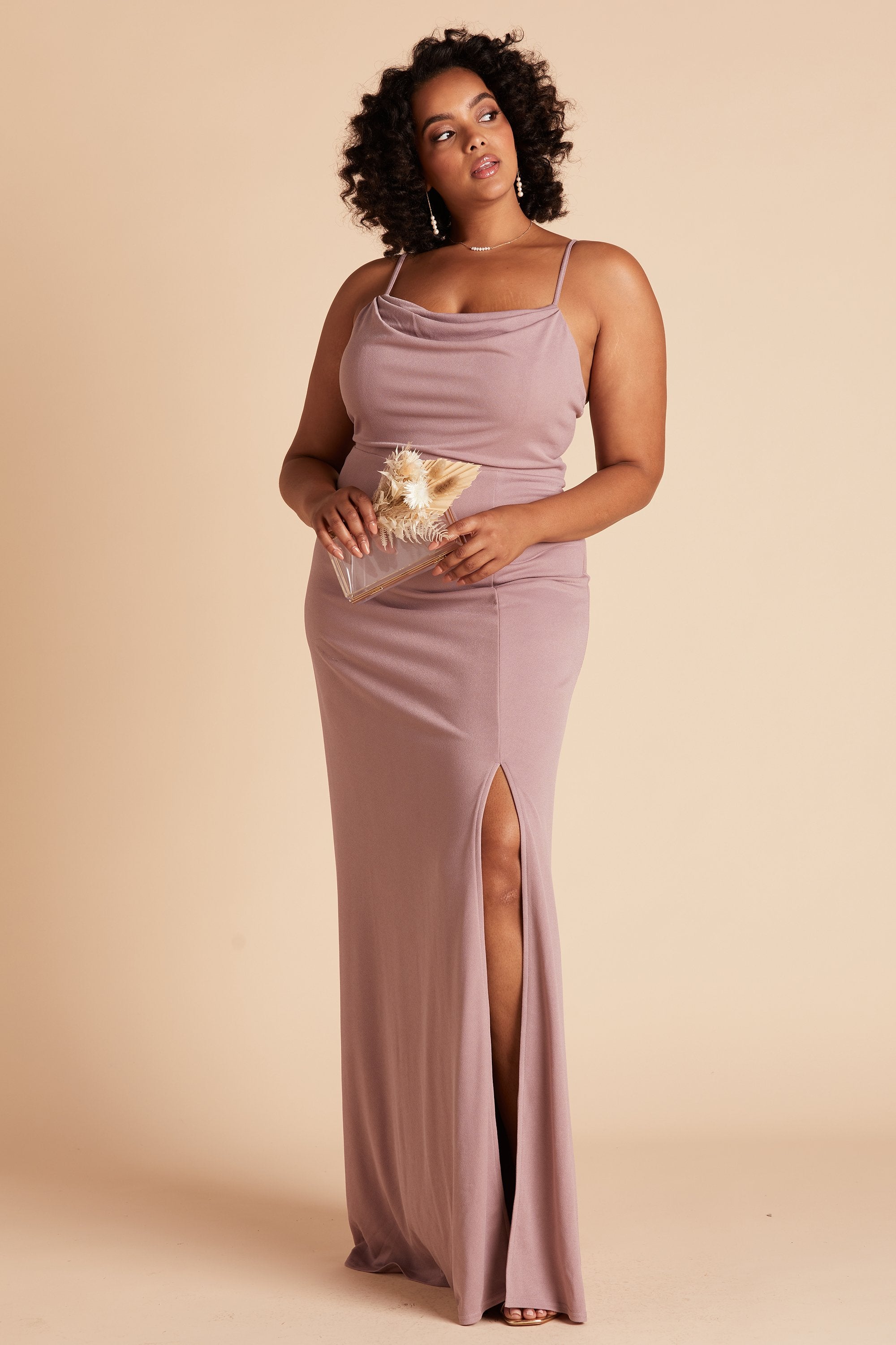 Ash plus size bridesmaid dress with slit in dark mauve crepe by Birdy Grey, front view