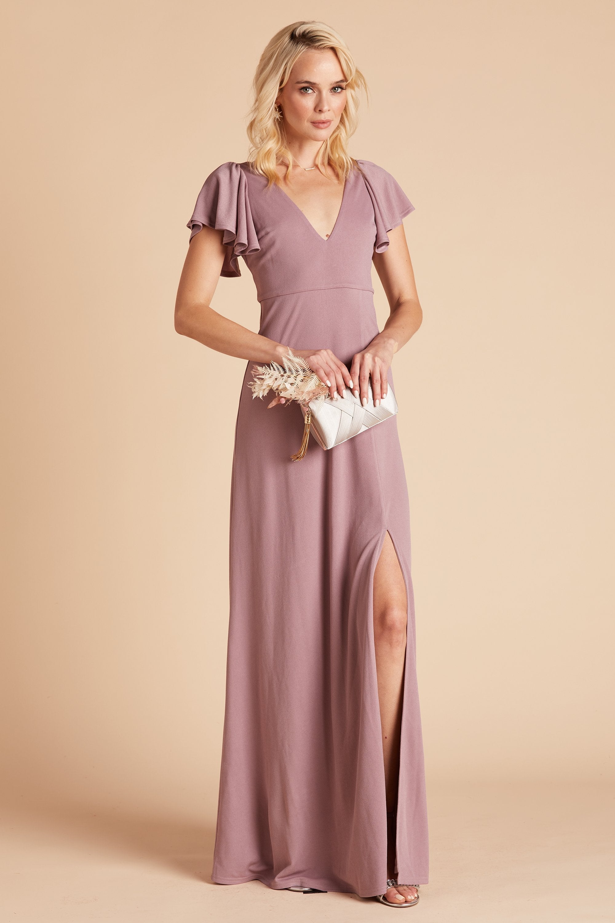 Hannah bridesmaid dress with slit in dark mauve chiffon by Birdy Grey, front view