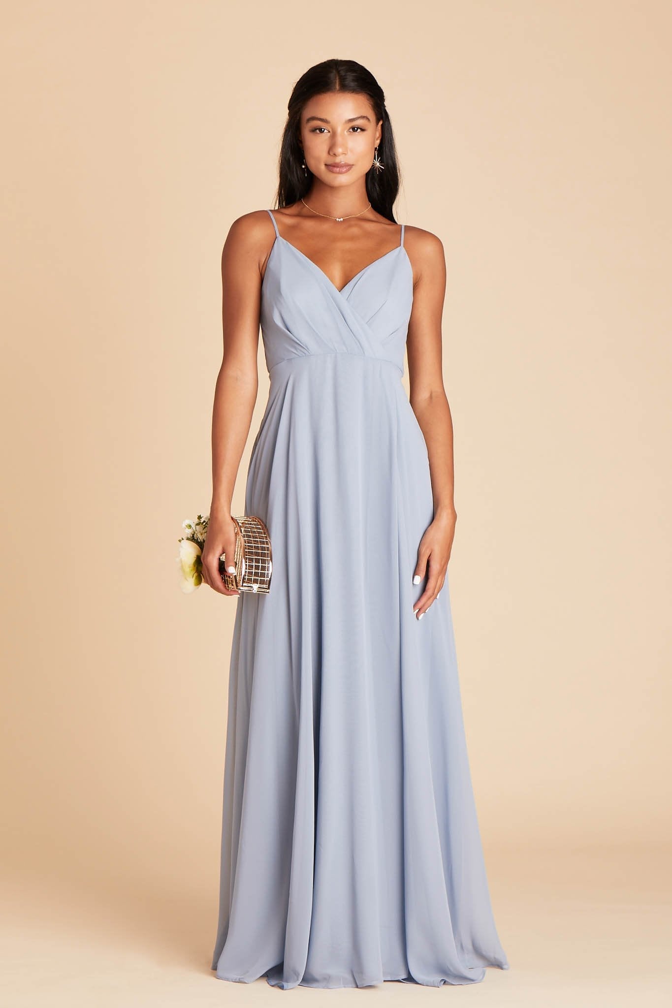 Kaia bridesmaids dress in dusty blue chiffon by Birdy Grey, front view