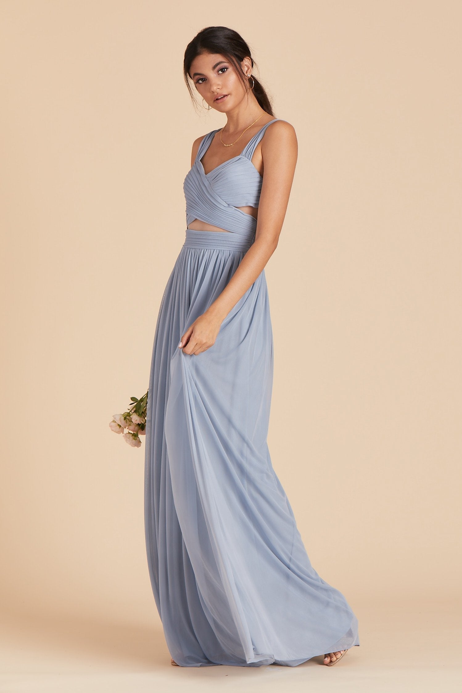 Elsye bridesmaid dress in dusty blue chiffon by Birdy Grey, side view