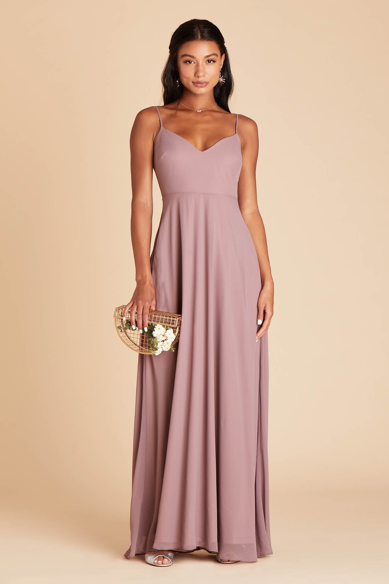 Devin convertible bridesmaid dress in dark mauve chiffon by Birdy Grey, front view