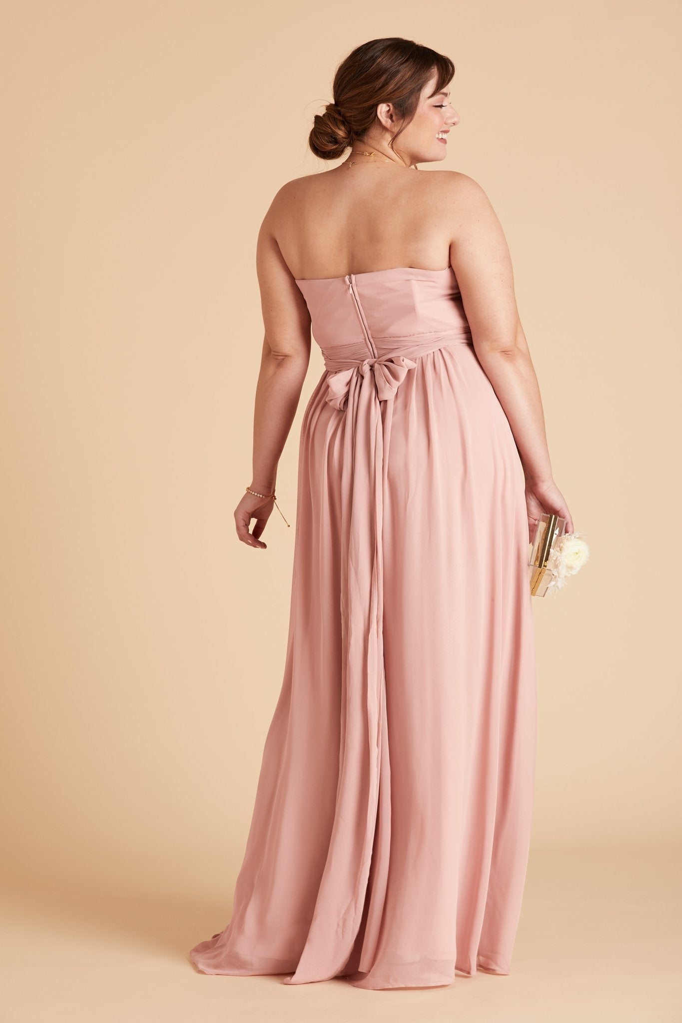 Grace convertible plus size bridesmaid dress in rose quartz pink chiffon by Birdy Grey, back view