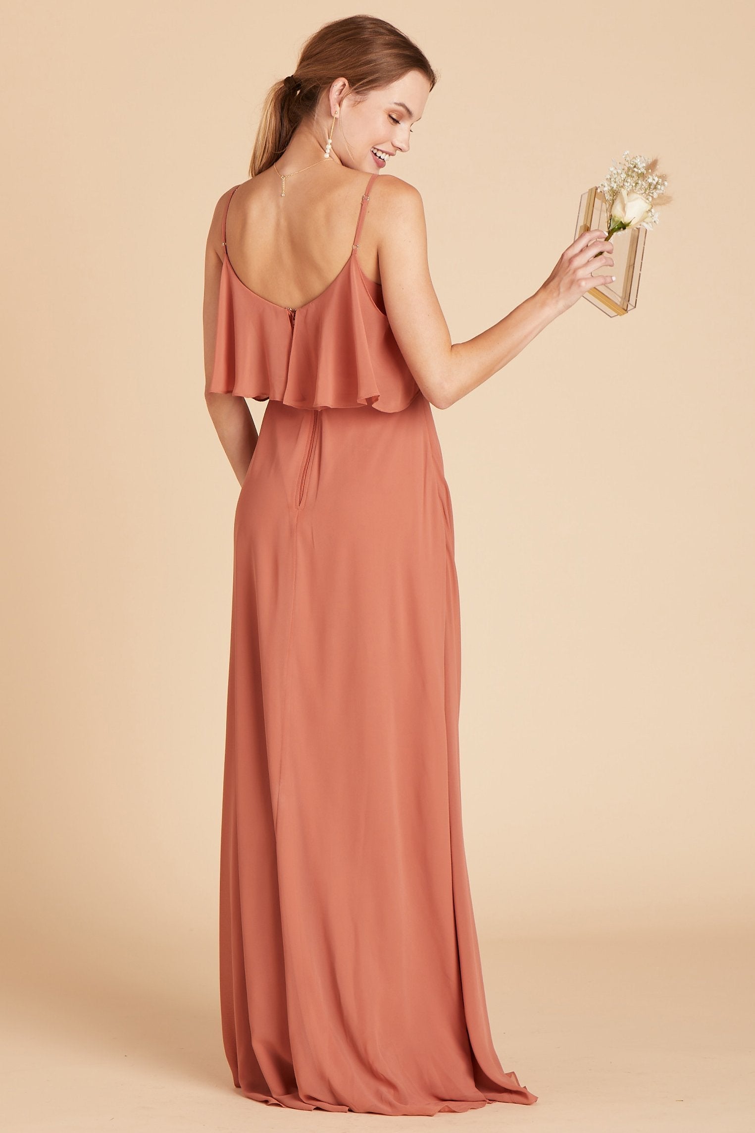 Jane convertible bridesmaid dress in terracotta orange chiffon by Birdy Grey, back view