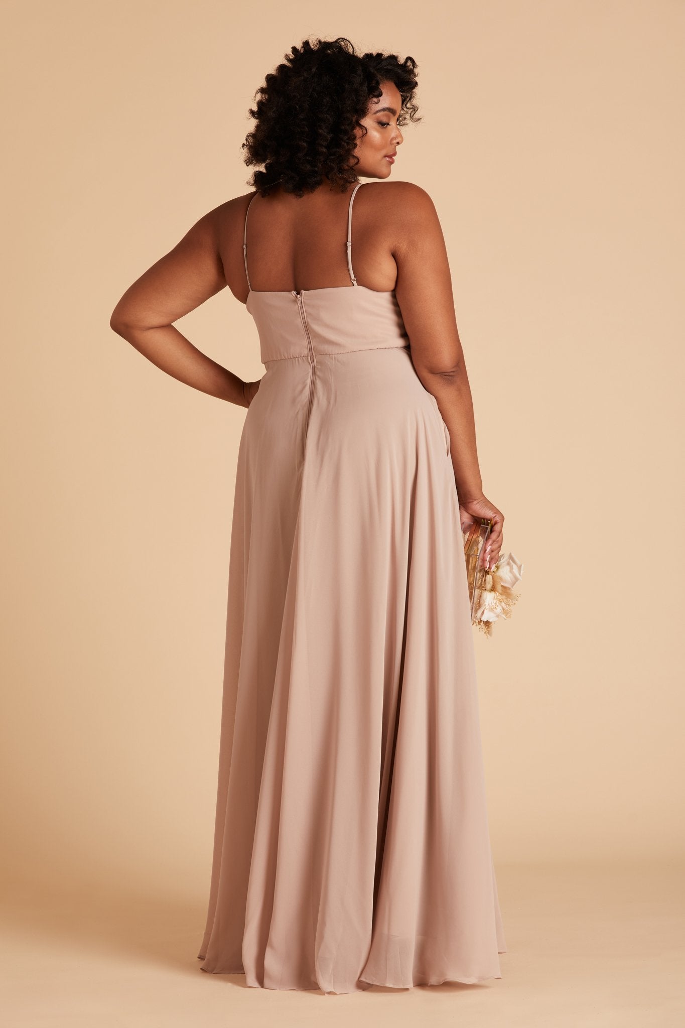 Kaia plus size bridesmaids dress in taupe chiffon by Birdy Grey, back view