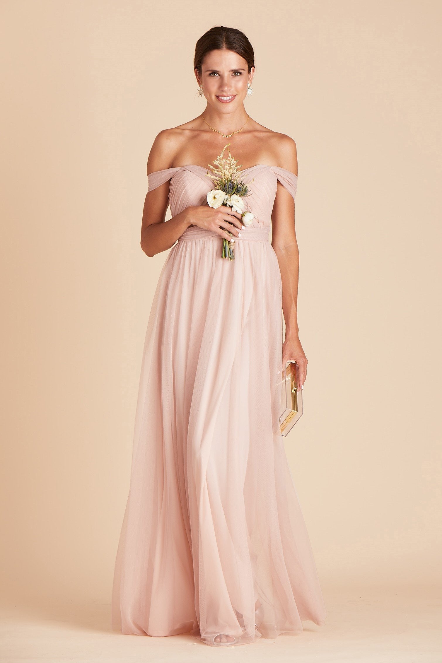 Christina convertible bridesmaid dress in vintage blush tulle by Birdy Grey, front view