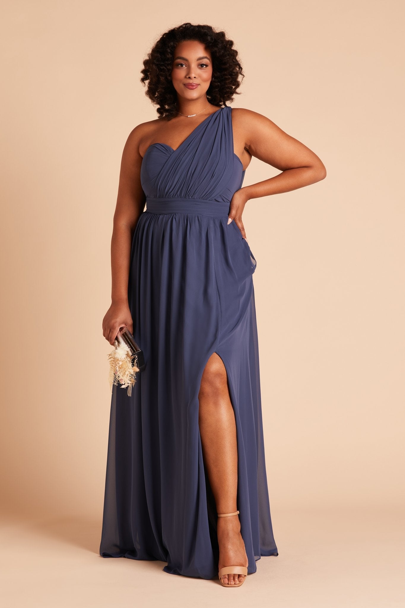 Grace convertible plus size bridesmaid dress with slit in slate blue chiffon by Birdy Grey, front view