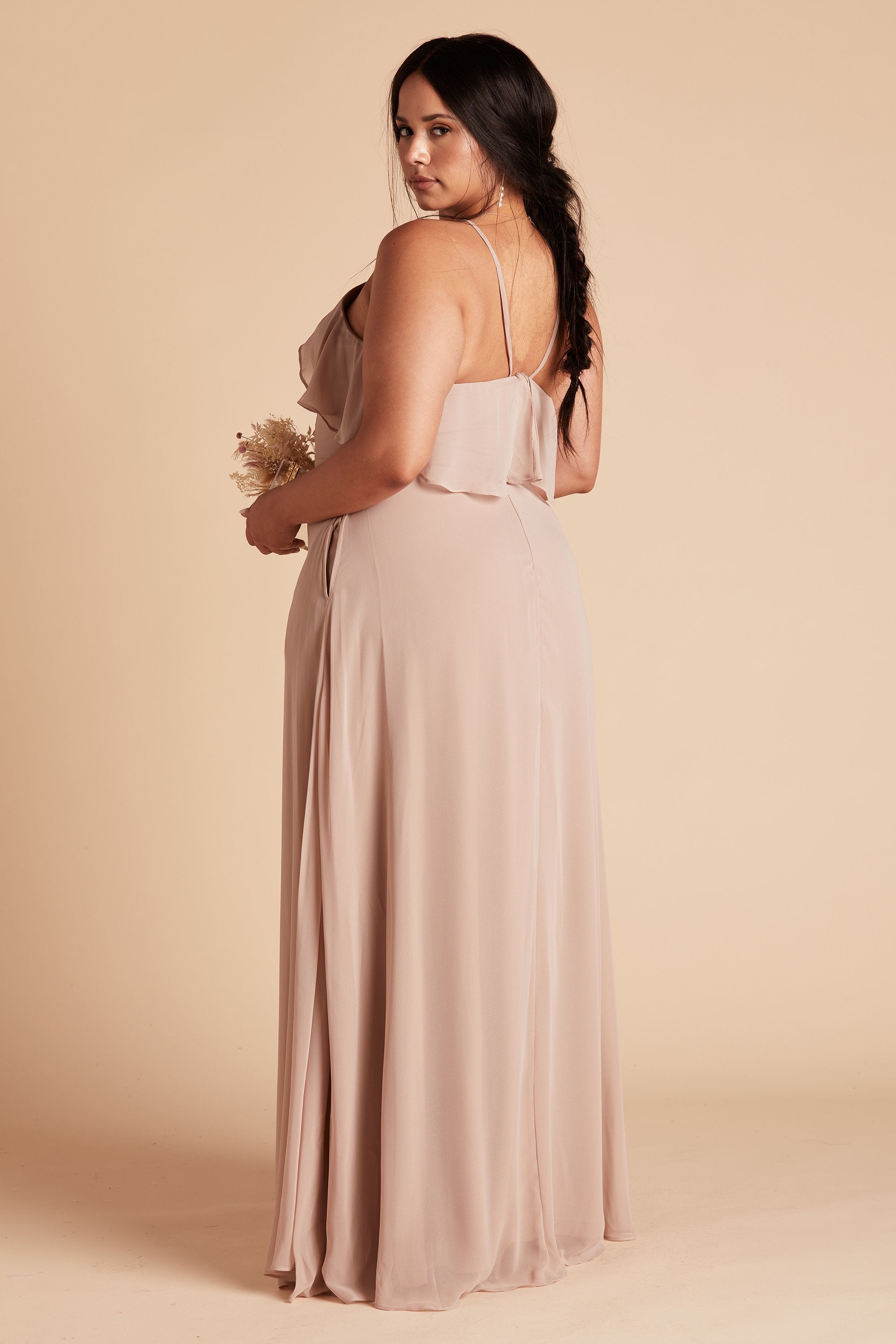 Jules plus size bridesmaid dress in taupe chiffon by Birdy Grey, side view