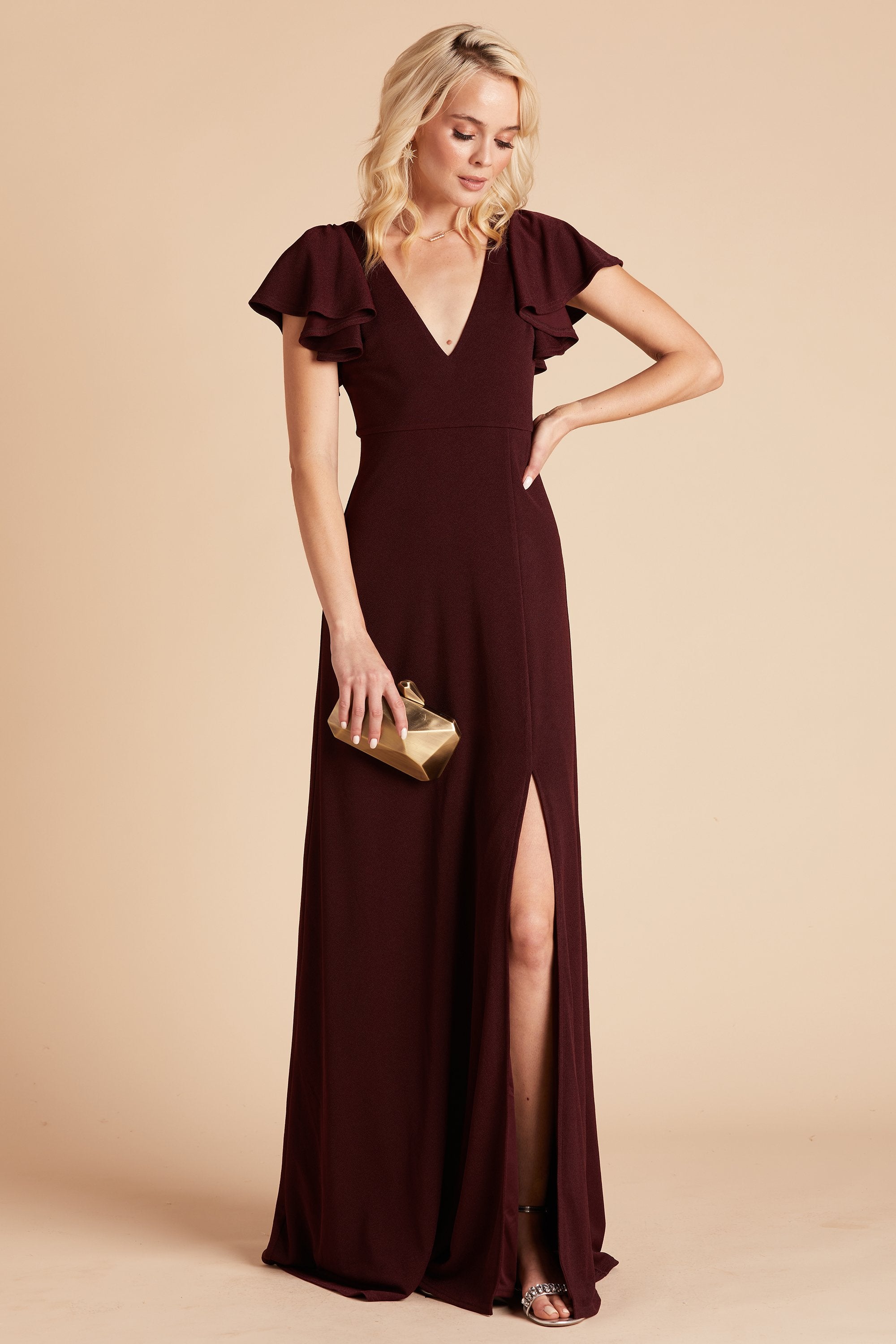 Hannah bridesmaid dress with slit in cabernet burgundy crepe by Birdy Grey, front view