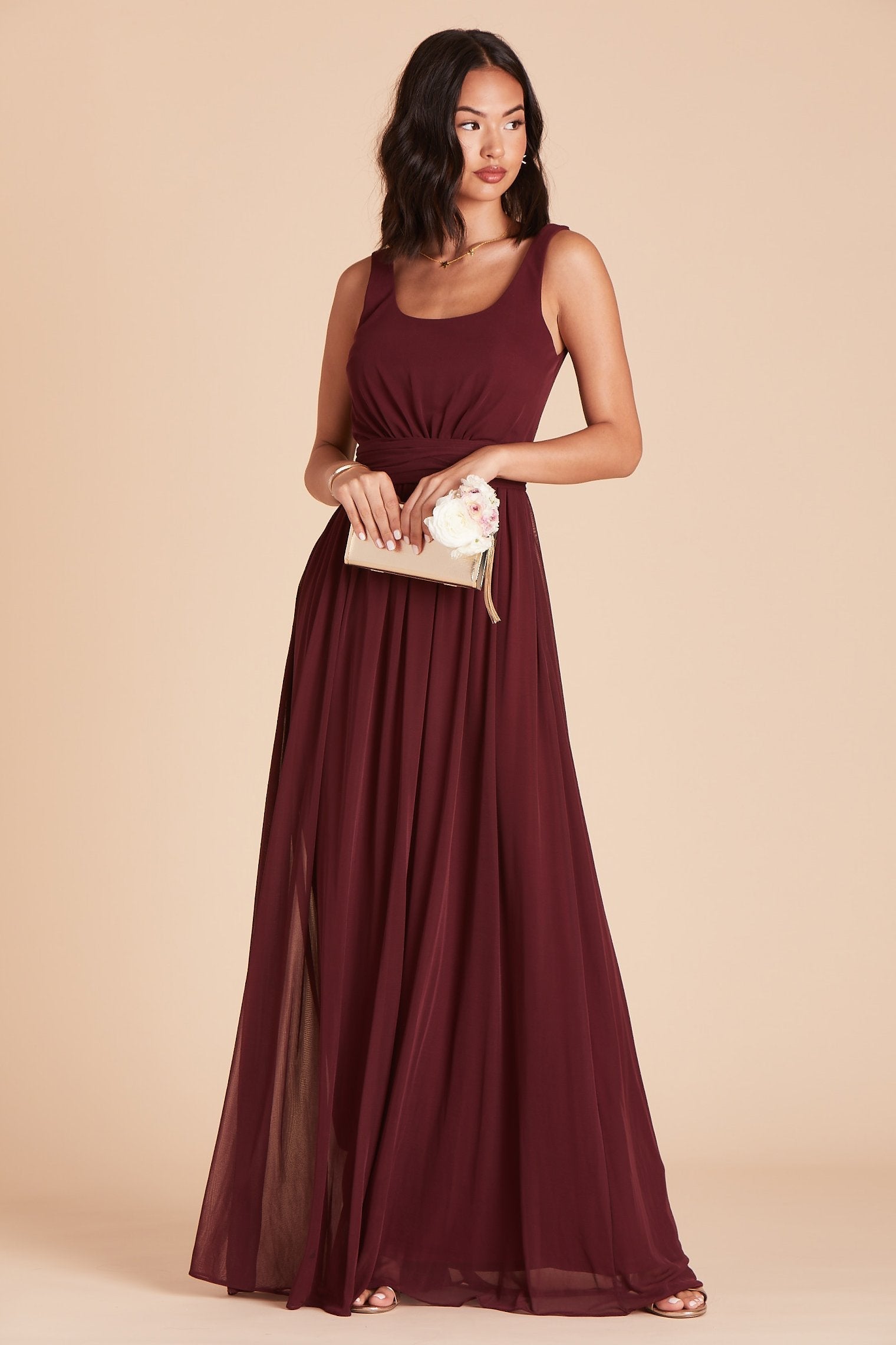 Jan bridesmaids dress in cabernet burgundy chiffon by Birdy Grey, front view