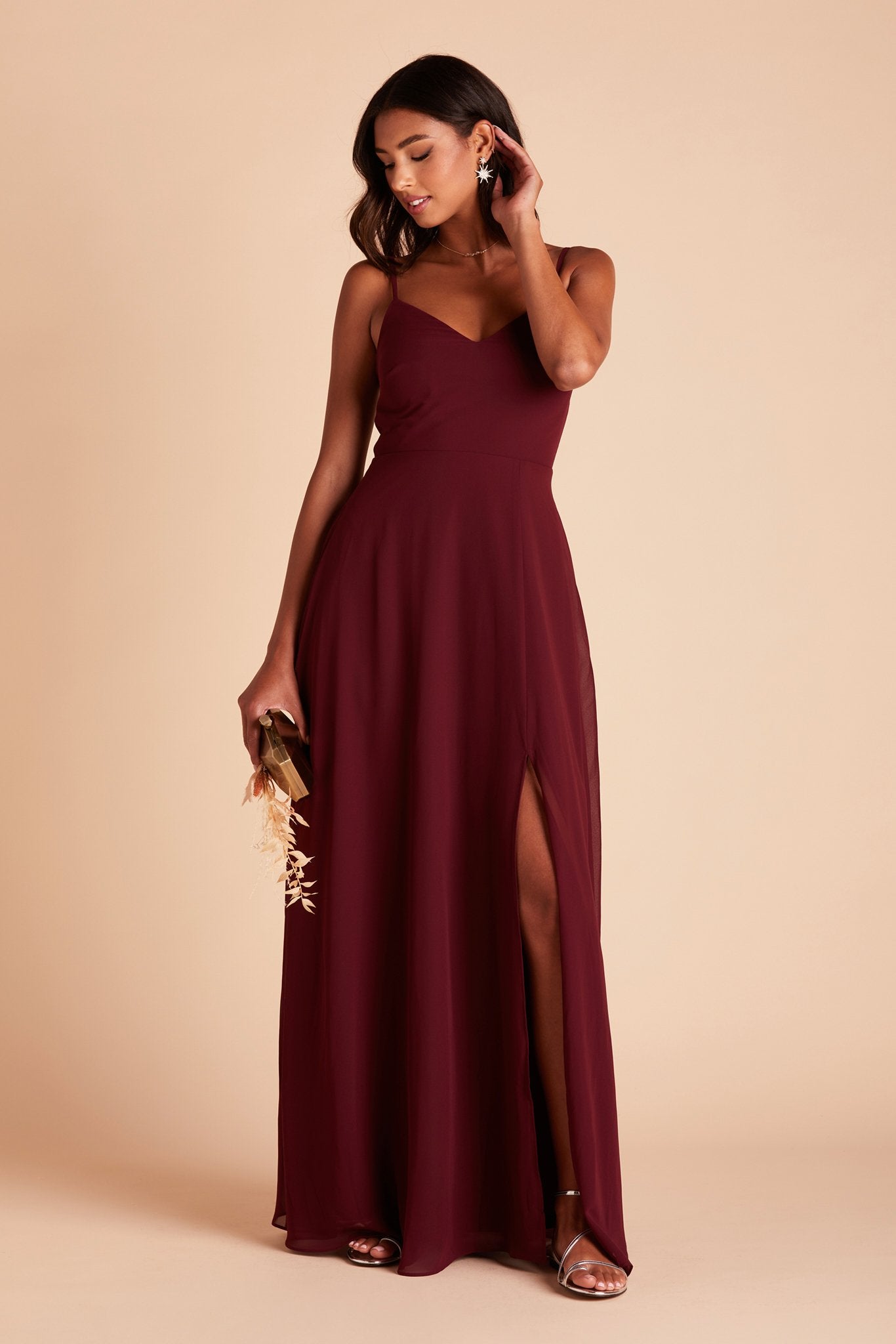 Devin convertible bridesmaid dress with slit in cabernet burgundy chiffon by Birdy Grey, front view