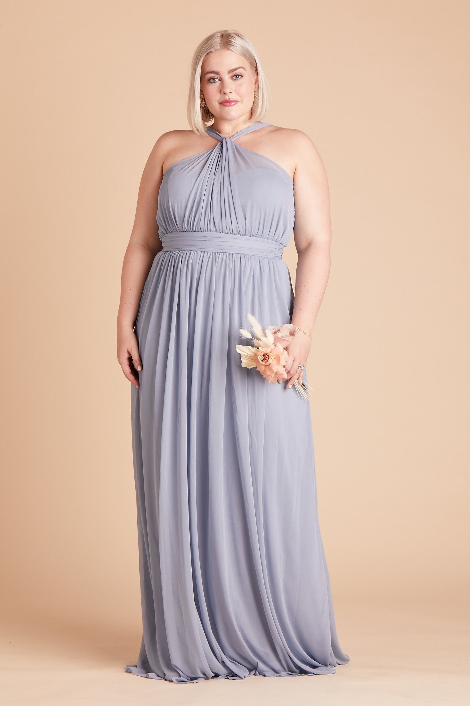 Kiko plus size bridesmaid dress in dusty blue chiffon by Birdy Grey, front view