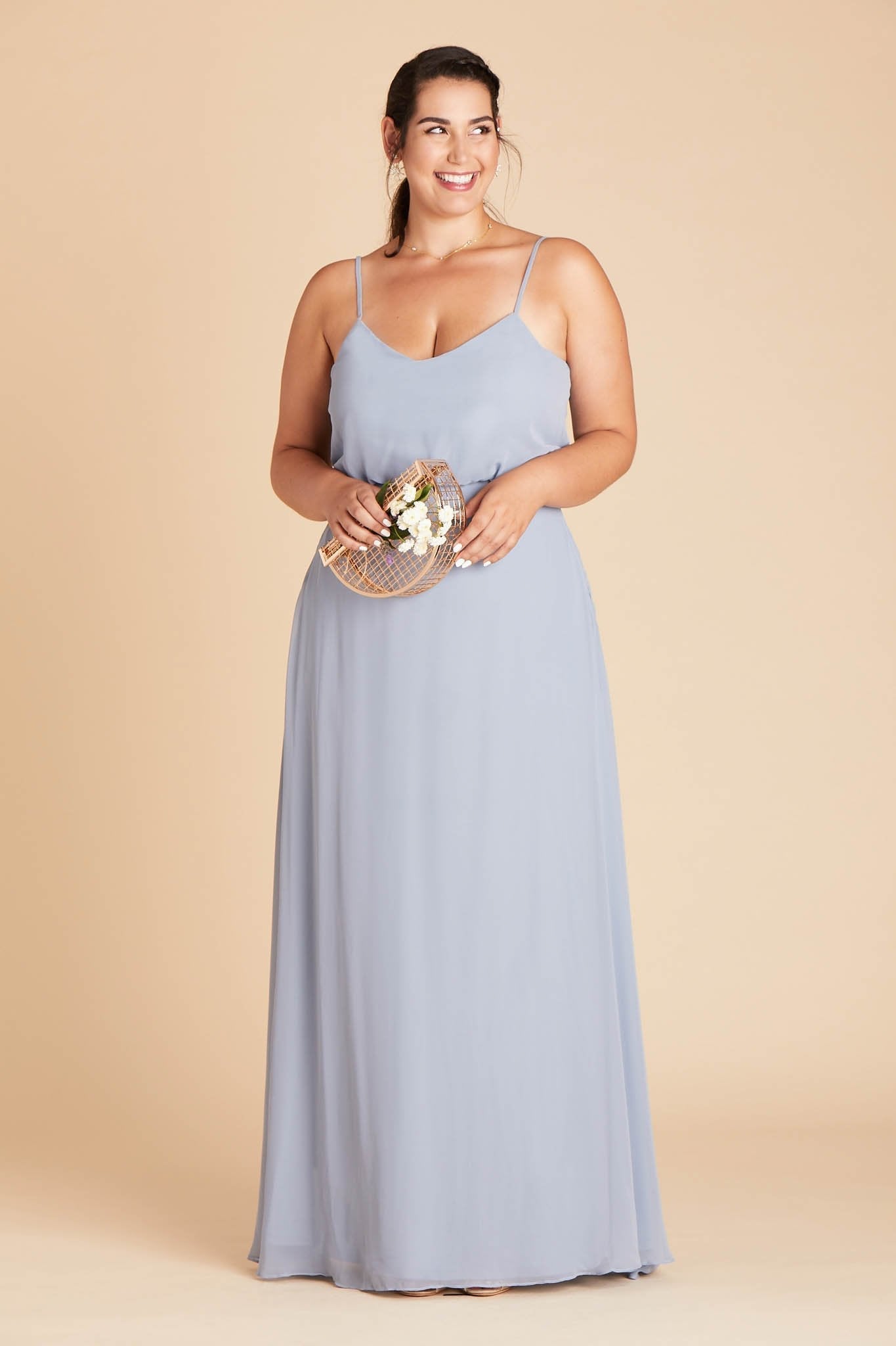 Gwennie plus size bridesmaid dress in dusty blue chiffon by Birdy Grey, front view