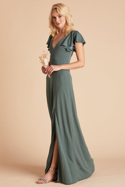 Hannah bridesmaid dress with slit in sea glass crepe by Birdy Grey, side view