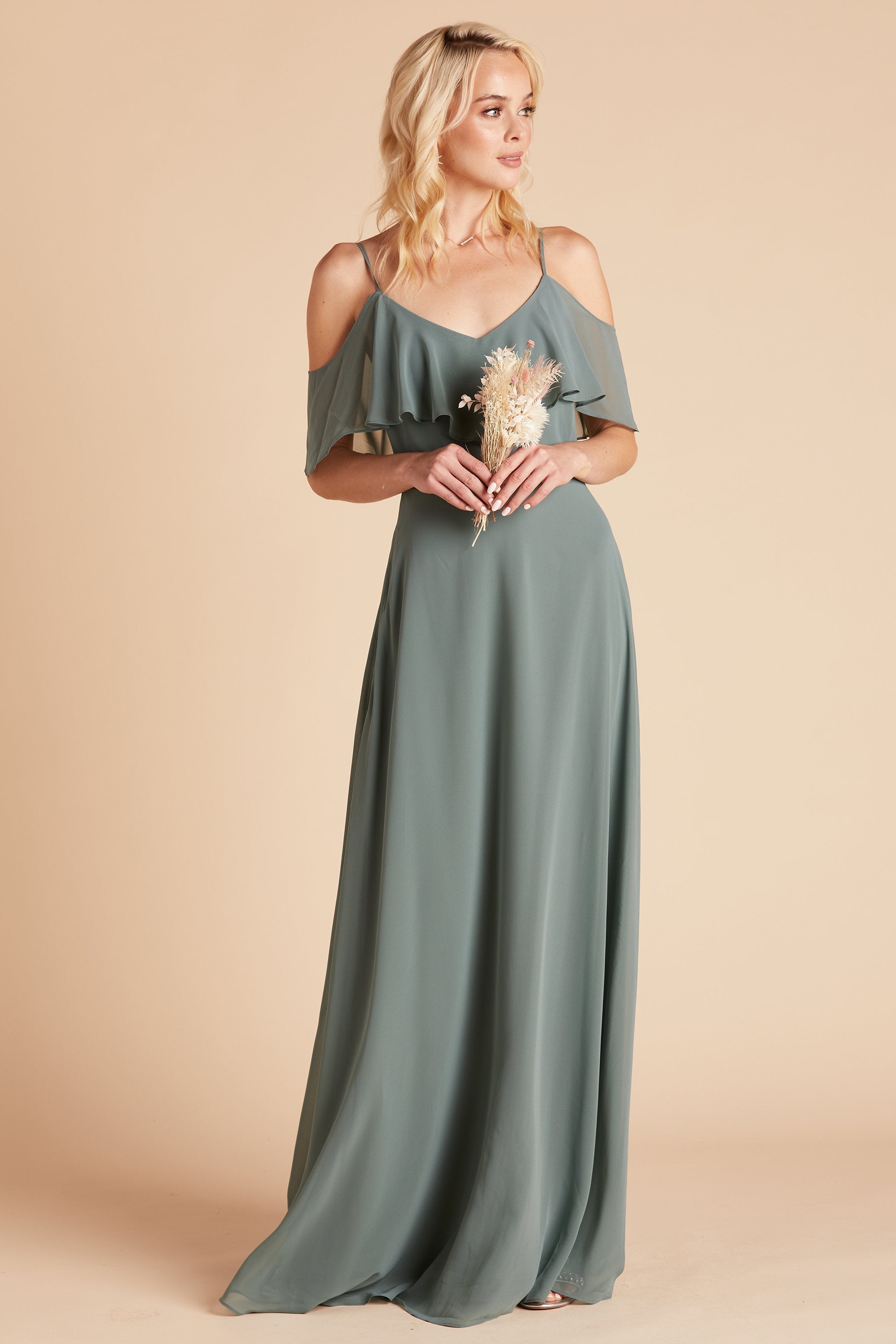 Jane convertible bridesmaid dress in sea glass green chiffon by Birdy Grey, front view