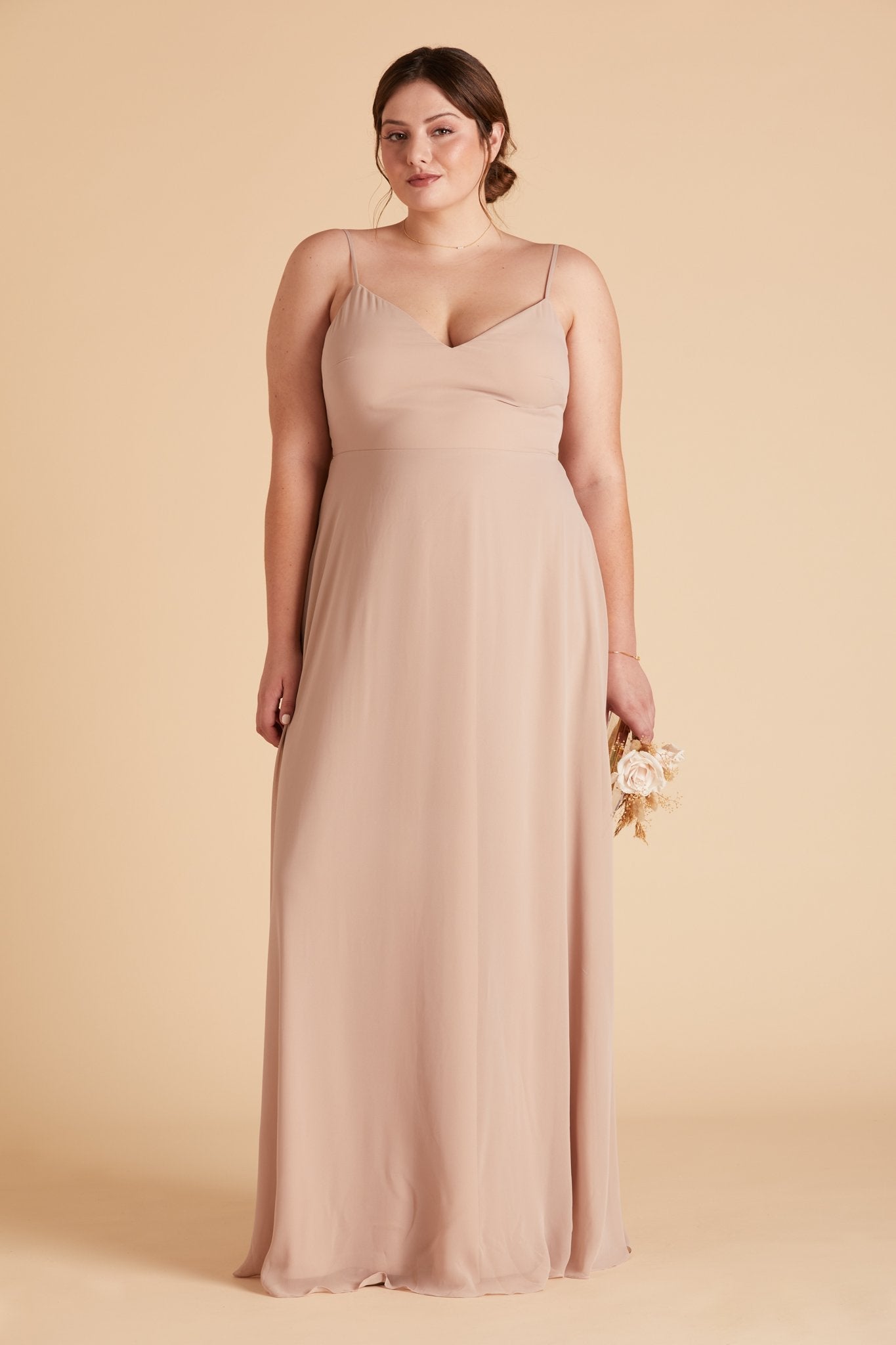 Devin convertible plus size bridesmaids dress in taupe chiffon by Birdy Grey, front view