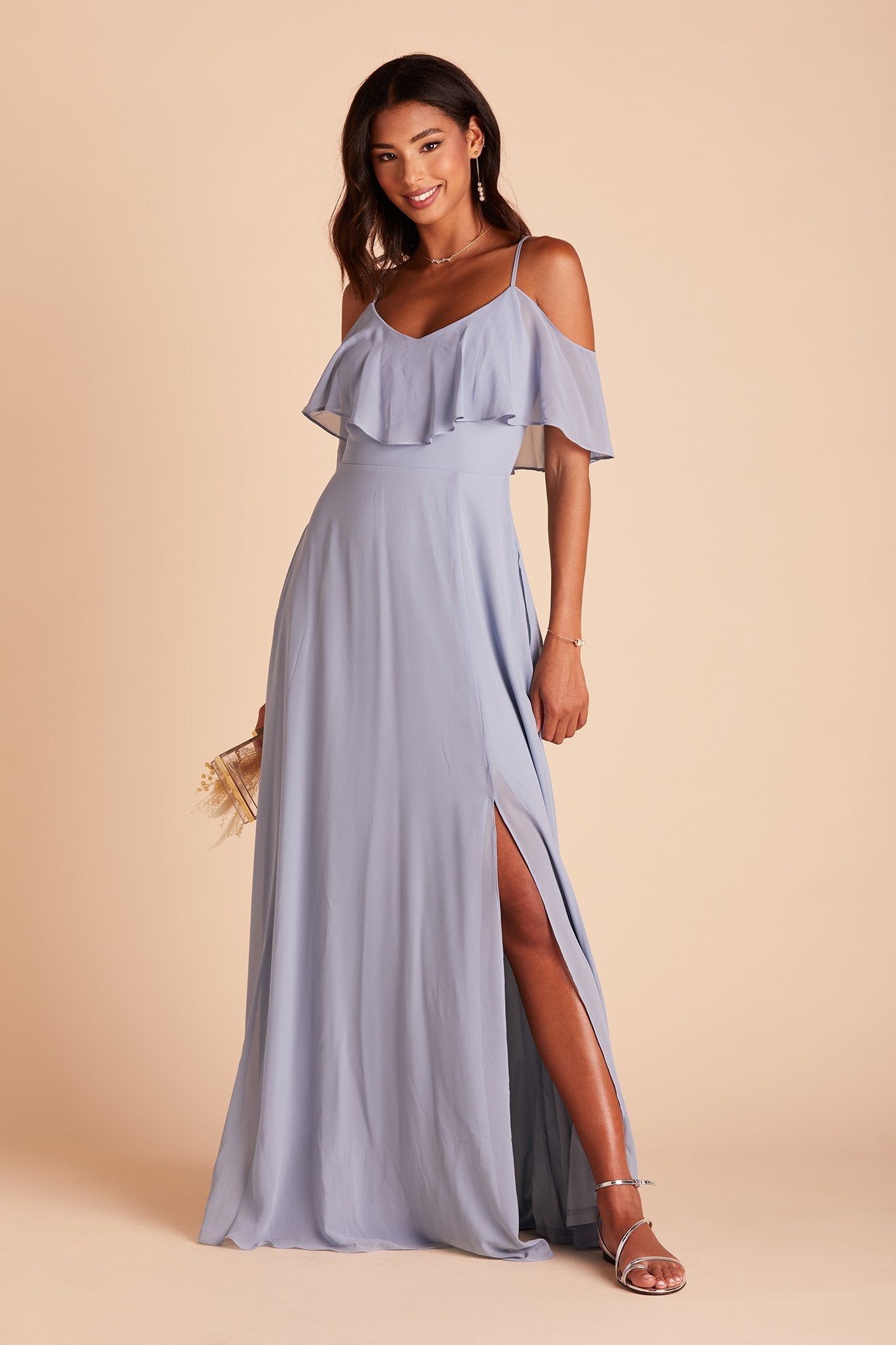 Jane convertible bridesmaid dress with slit  in dusty blue chiffon by Birdy Grey, front view