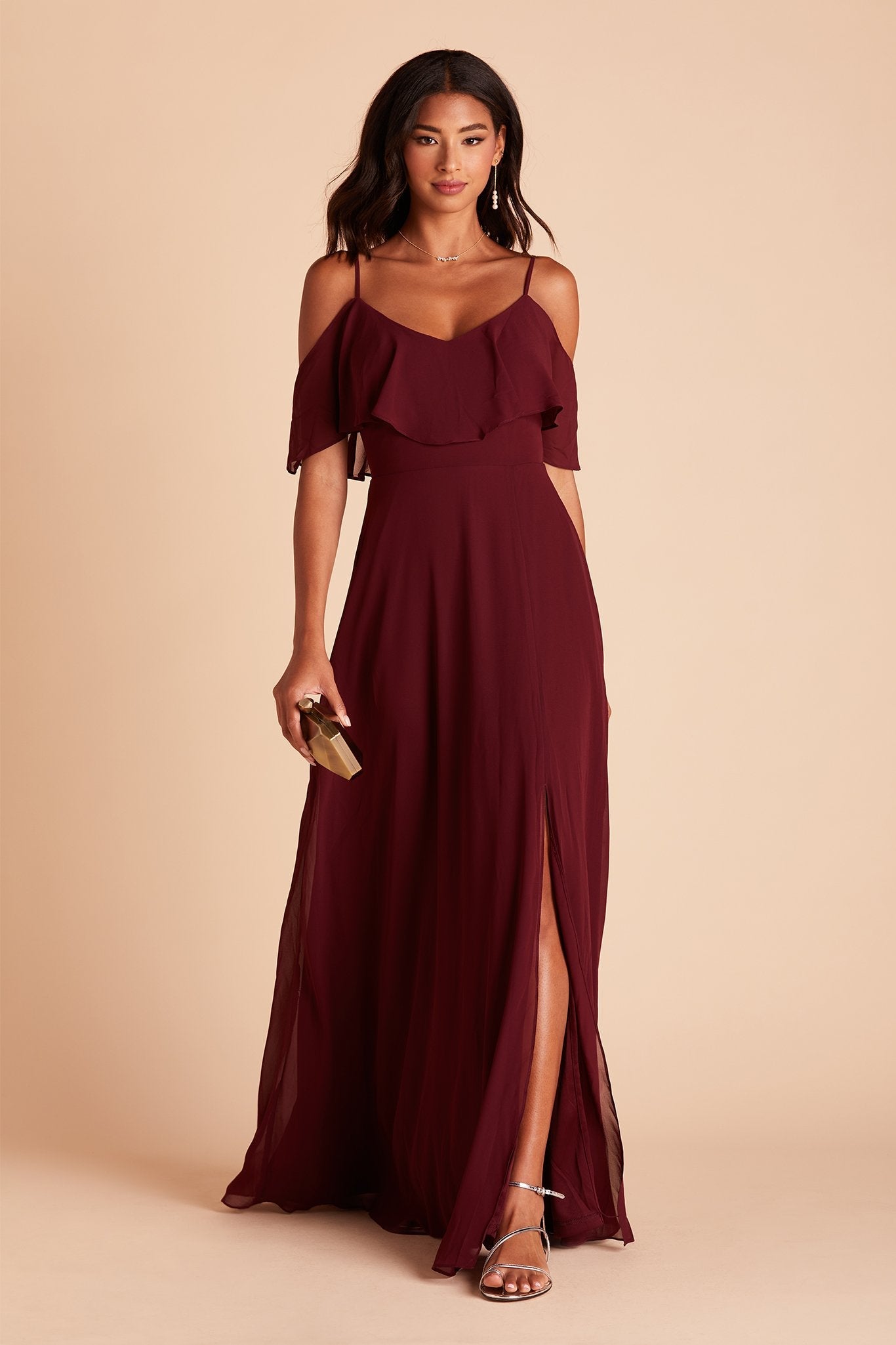 Jane convertible bridesmaid dress with slit in cabernet burgundy chiffon by Birdy Grey, front view