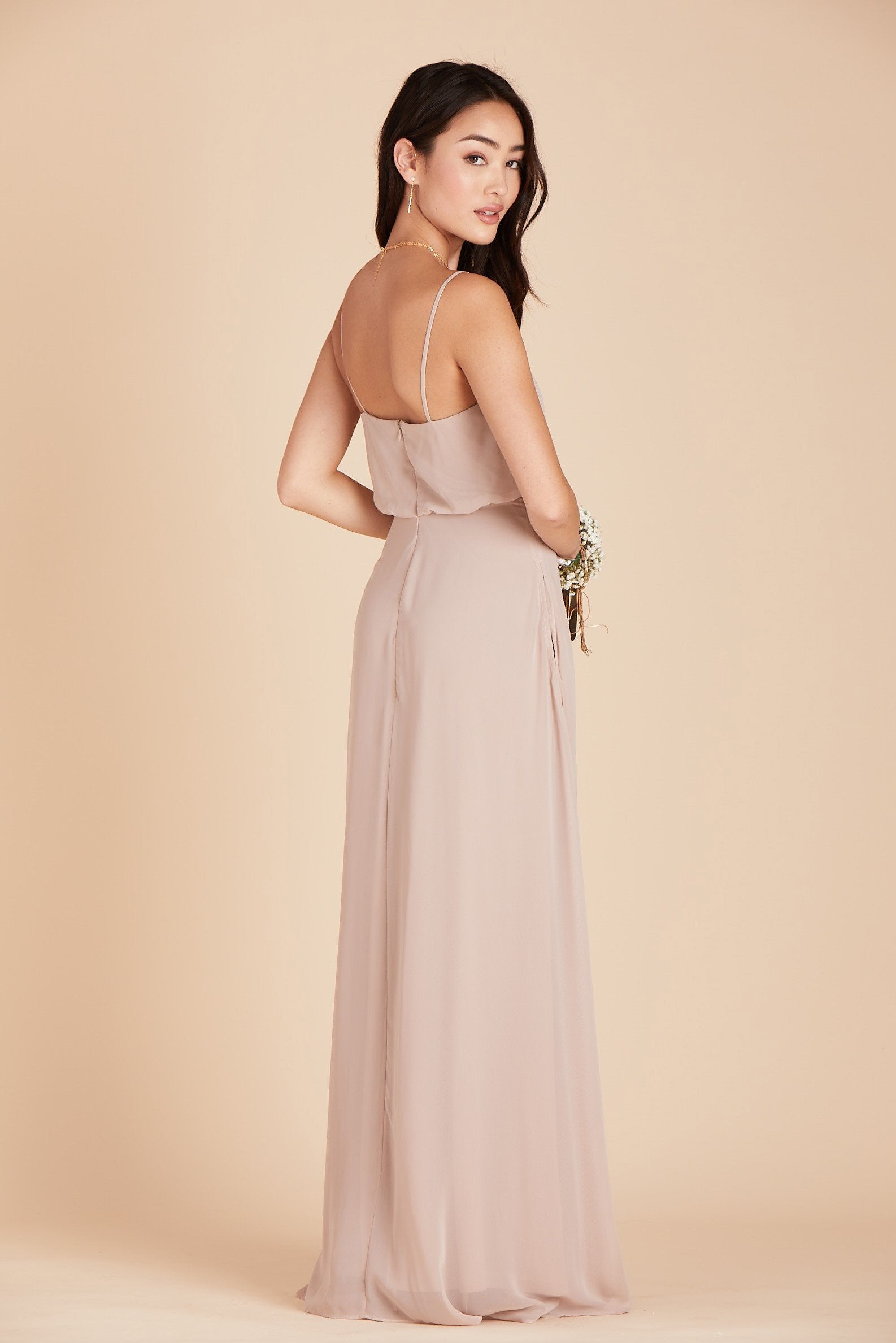 Gwennie bridesmaid dress in taupe chiffon by Birdy Grey, side view