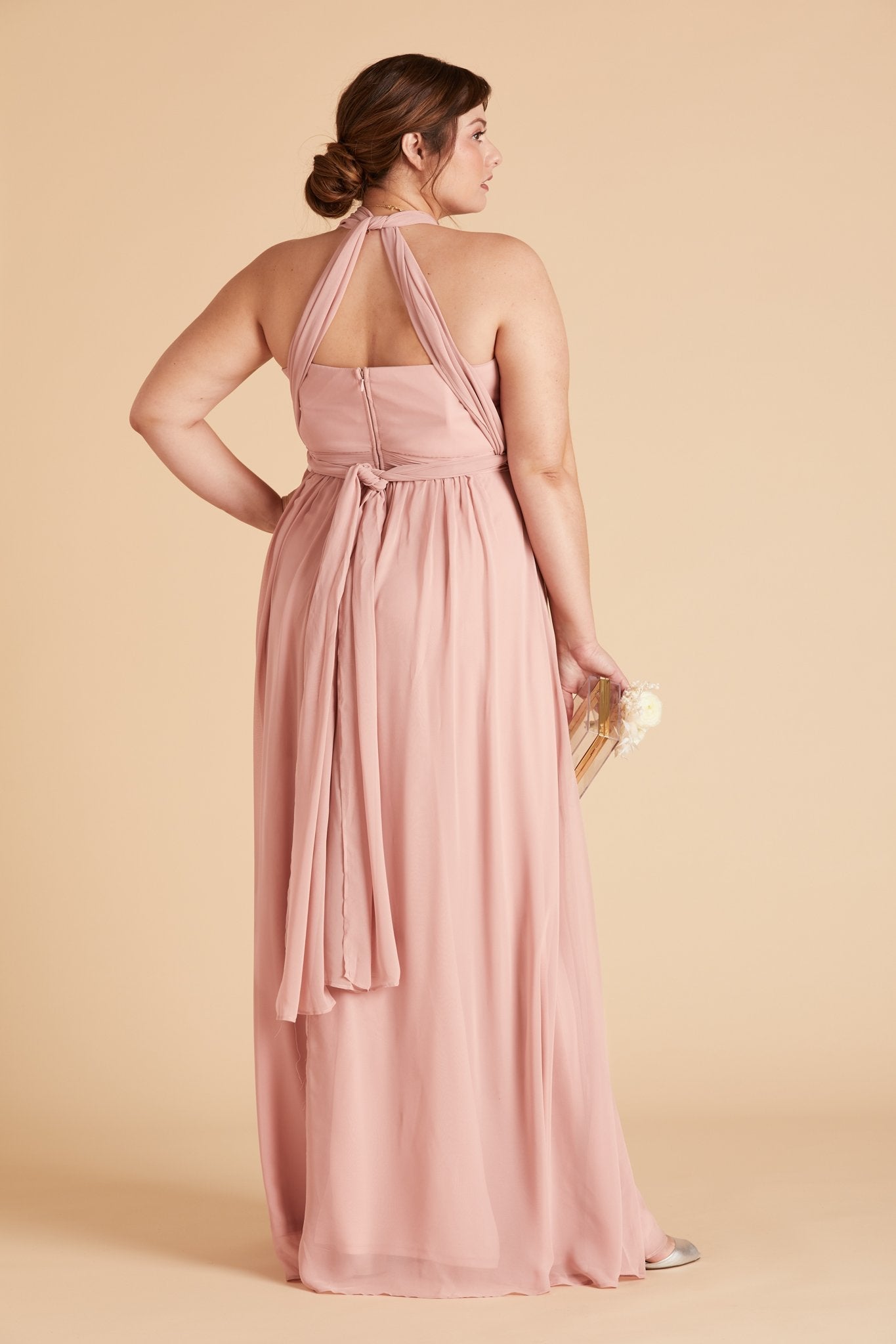 Grace convertible plus size bridesmaid dress in rose quartz pink chiffon by Birdy Grey, back view