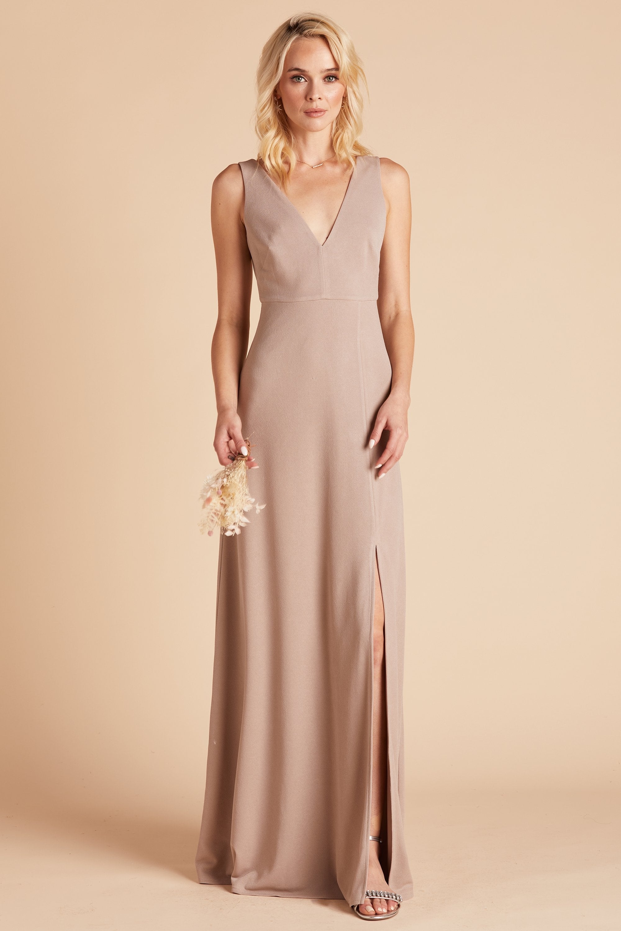 Shamin bridesmaid dress with slit in taupe crepe by Birdy Grey, front view