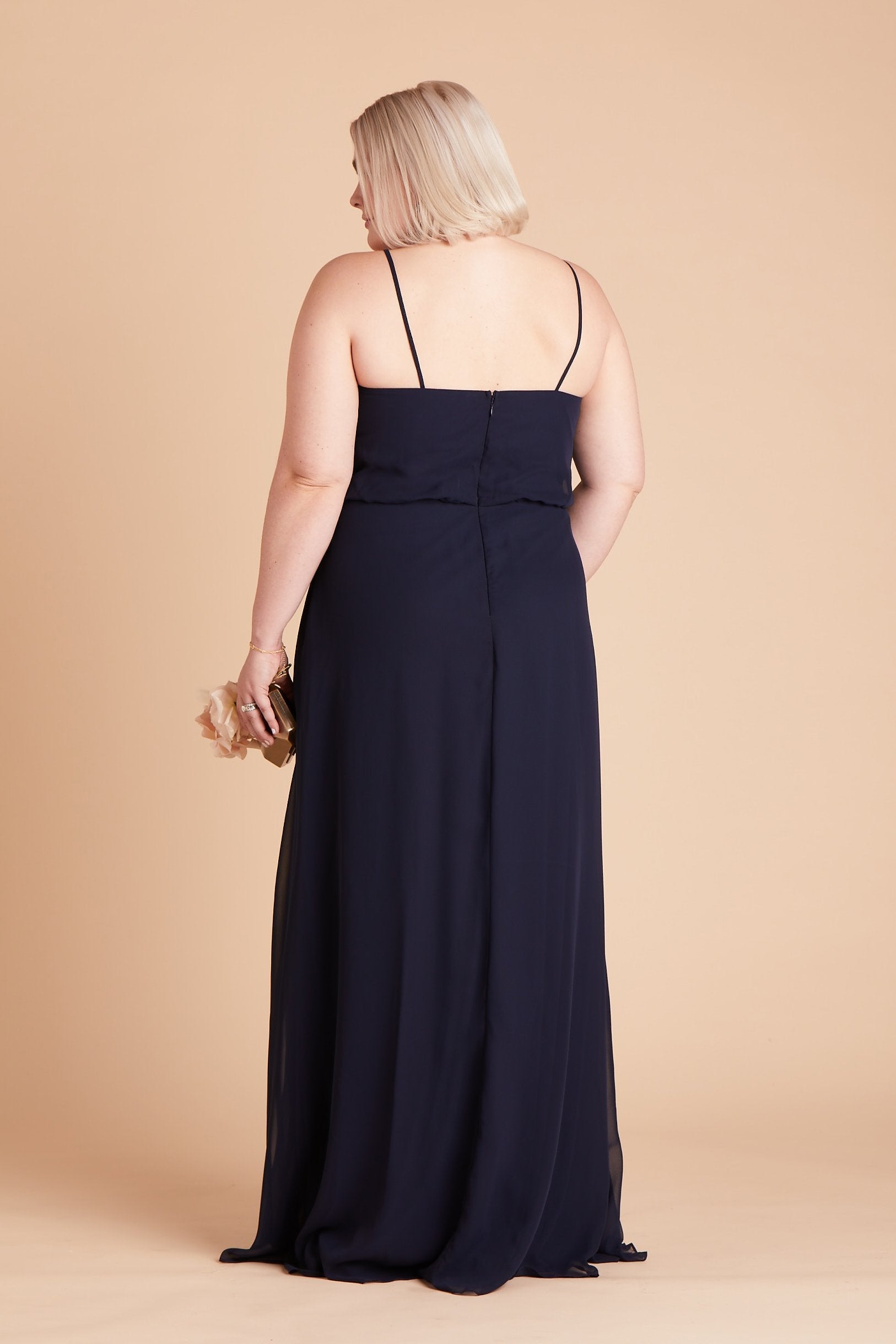 Gwennie plus size bridesmaid dress in navy blue chiffon by Birdy Grey, back view