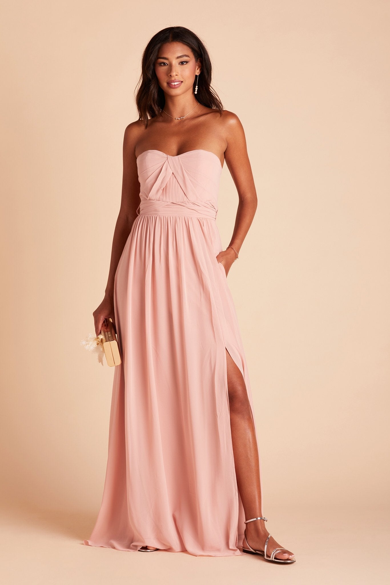 Grace convertible bridesmaid dress with slit in rose quartz pink chiffon by Birdy Grey, front view